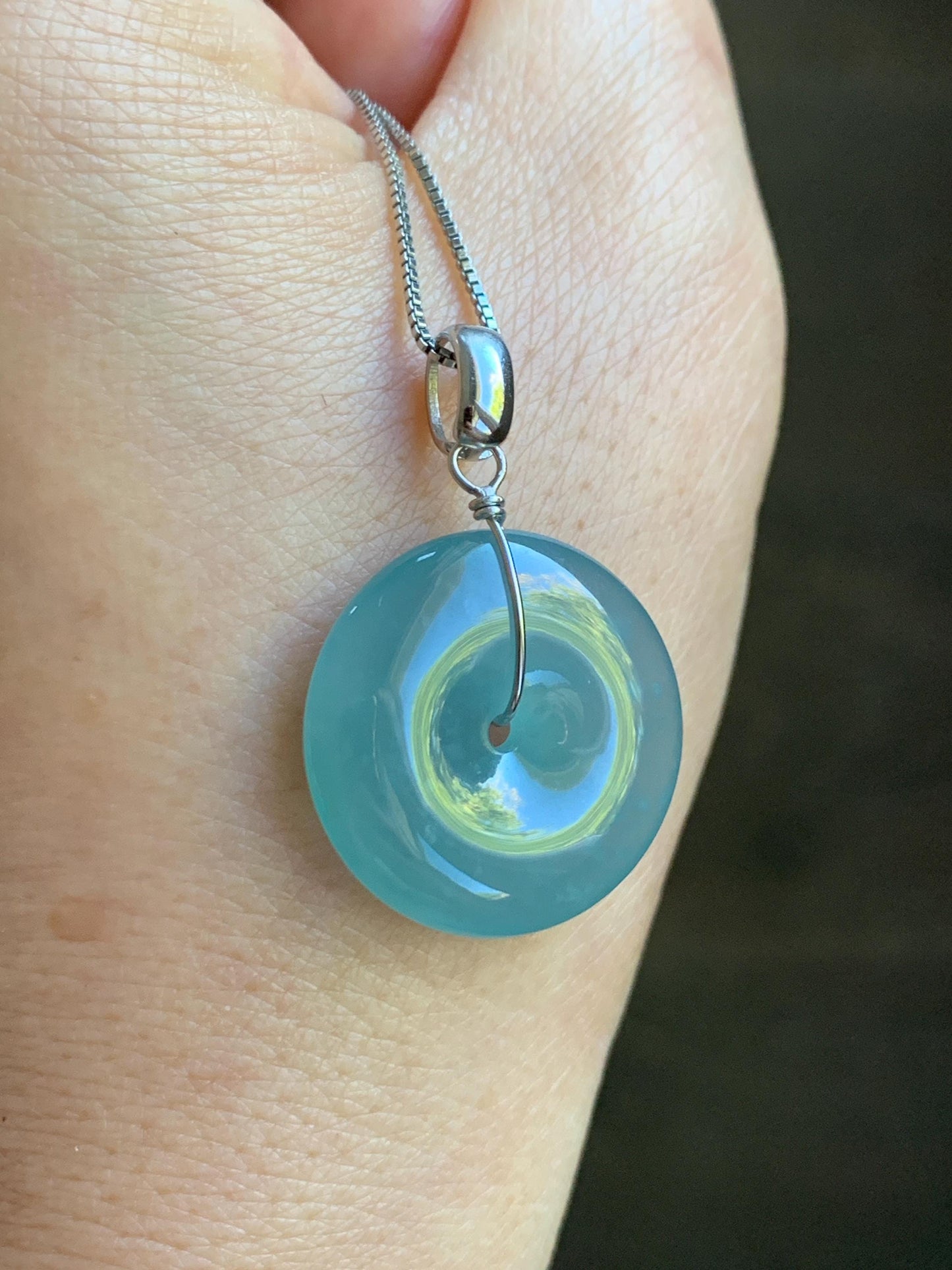 Certified Natural Grade A Guatemalan Icy Highly Translucent Teal Jade Jadeite Ping An Kou Donut Pendant Sterling Silver 天然冰危蓝翡翠平安扣吊坠 1121