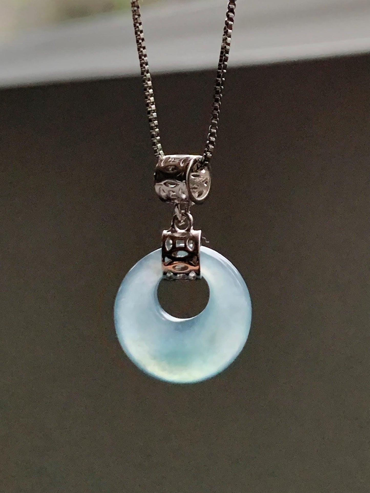 Natural Grade A Guatemalan Icy Translucent Pastel Teal Blue Jade Jadeite Ping An Kou Donut Pendant Sterling Silver 天然冰胶危飘蓝翡翠平安扣吊坠 WGZ55B