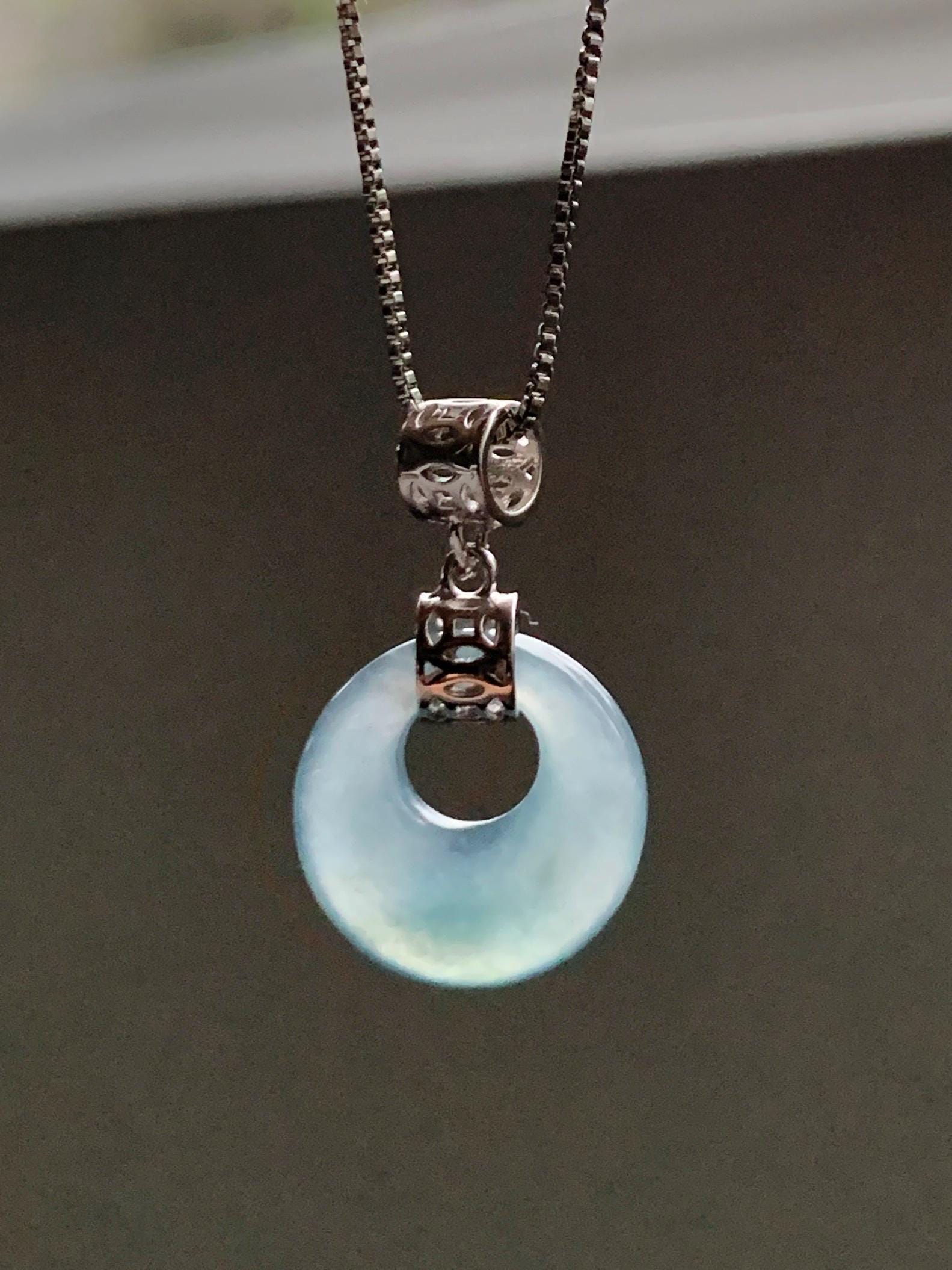 Natural Grade A Guatemalan Icy Translucent Pastel Teal Blue Jade Jadeite Ping An Kou Donut Pendant Sterling Silver 天然冰胶危飘蓝翡翠平安扣吊坠 WGZ55B