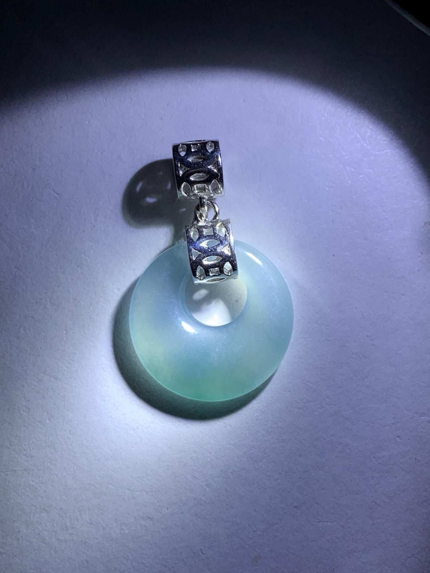 Natural Grade A Guatemalan Icy Translucent Pastel Teal Blue Jade Jadeite Ping An Kou Donut Pendant Sterling Silver 天然冰胶危飘蓝翡翠平安扣吊坠 WGZ55B