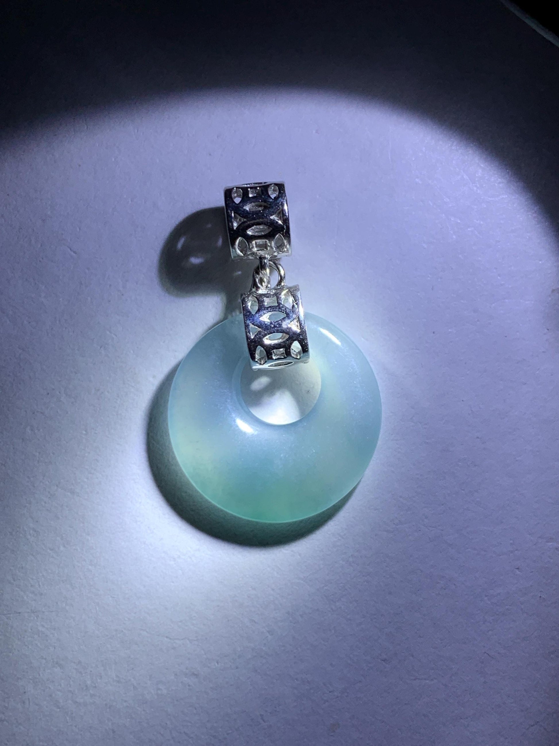 Natural Grade A Guatemalan Icy Translucent Pastel Teal Blue Jade Jadeite Ping An Kou Donut Pendant Sterling Silver 天然冰胶危飘蓝翡翠平安扣吊坠 WGZ55B