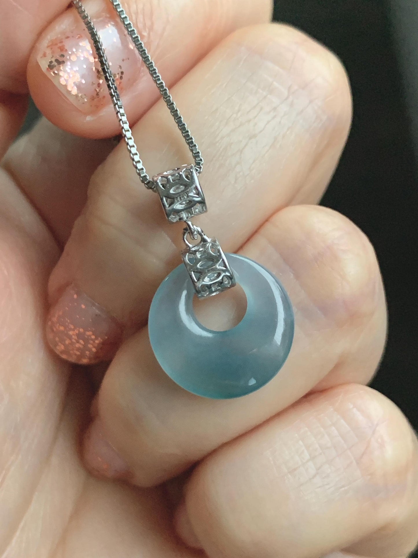 Natural Grade A Guatemalan Icy Translucent Pastel Teal Blue Jade Jadeite Ping An Kou Donut Pendant Sterling Silver 天然冰胶危飘蓝翡翠平安扣吊坠 WGZ55B