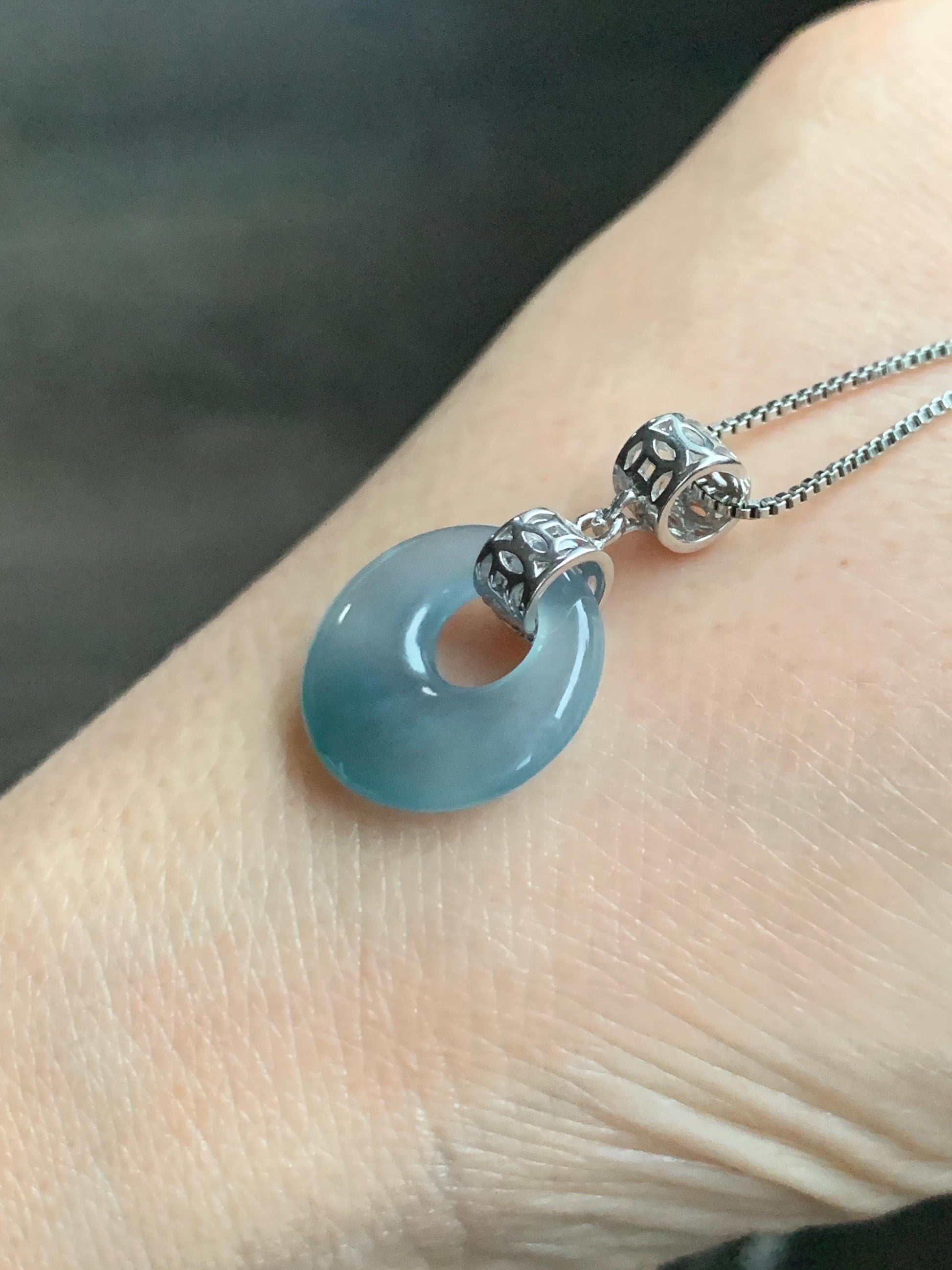 Natural Grade A Guatemalan Icy Translucent Pastel Teal Blue Jade Jadeite Ping An Kou Donut Pendant Sterling Silver 天然冰胶危飘蓝翡翠平安扣吊坠 WGZ55B