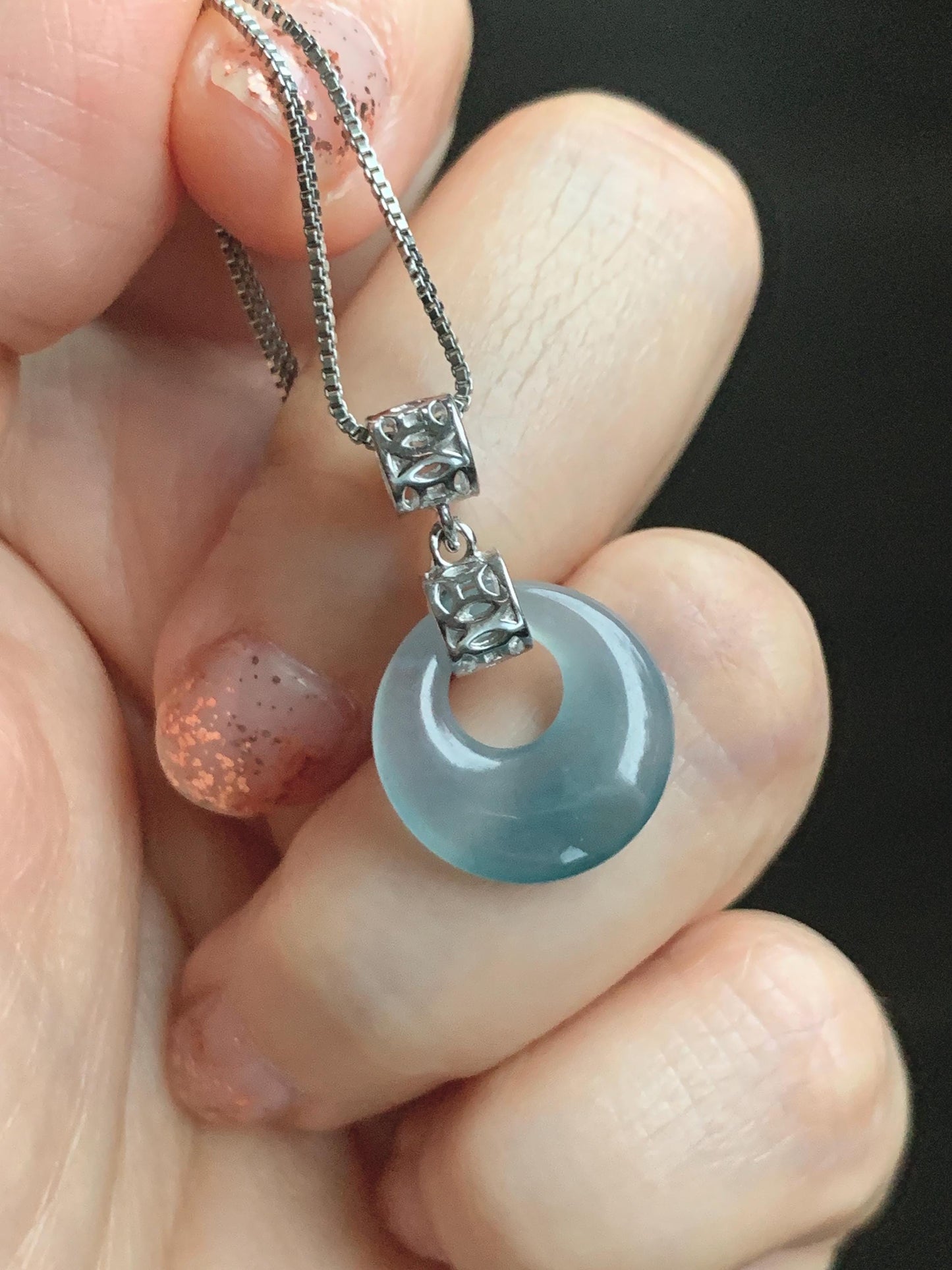 Natural Grade A Guatemalan Icy Translucent Pastel Teal Blue Jade Jadeite Ping An Kou Donut Pendant Sterling Silver 天然冰胶危飘蓝翡翠平安扣吊坠 WGZ55B