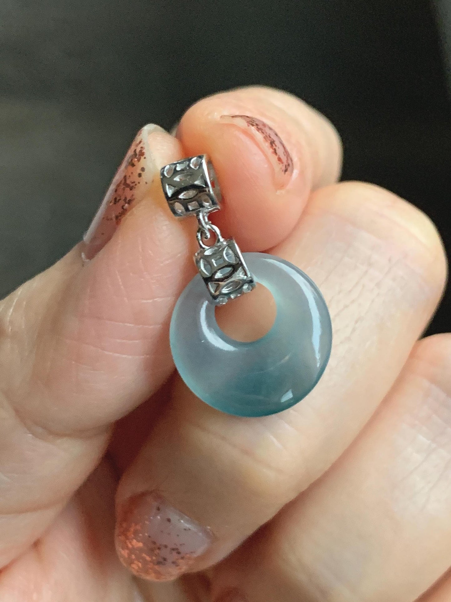 Natural Grade A Guatemalan Icy Translucent Pastel Teal Blue Jade Jadeite Ping An Kou Donut Pendant Sterling Silver 天然冰胶危飘蓝翡翠平安扣吊坠 WGZ55B