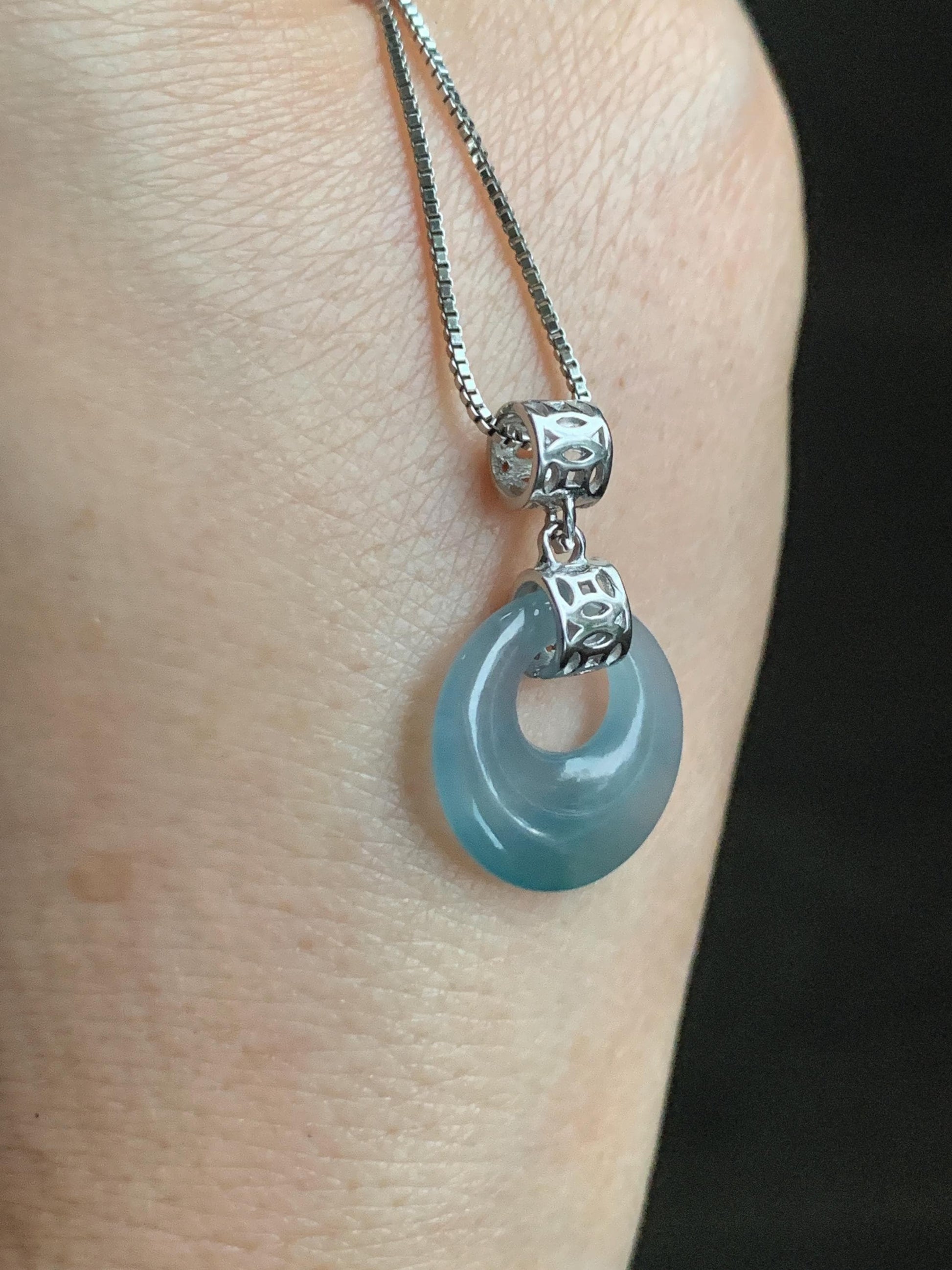 Natural Grade A Guatemalan Icy Translucent Pastel Teal Blue Jade Jadeite Ping An Kou Donut Pendant Sterling Silver 天然冰胶危飘蓝翡翠平安扣吊坠 WGZ55B