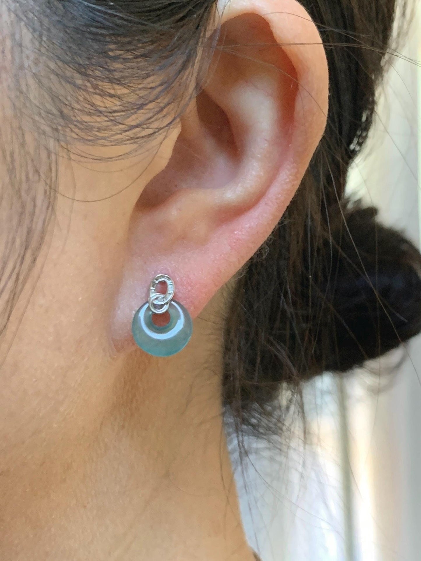 Natural Grade A Guatemalan Icy Highly Translucent Teal Blue Jade Jadeite Princess Donut Stud Earrings Sterling Silver 天然冰危蓝翡翠公主扣银镶耳钉 WGZ66Y