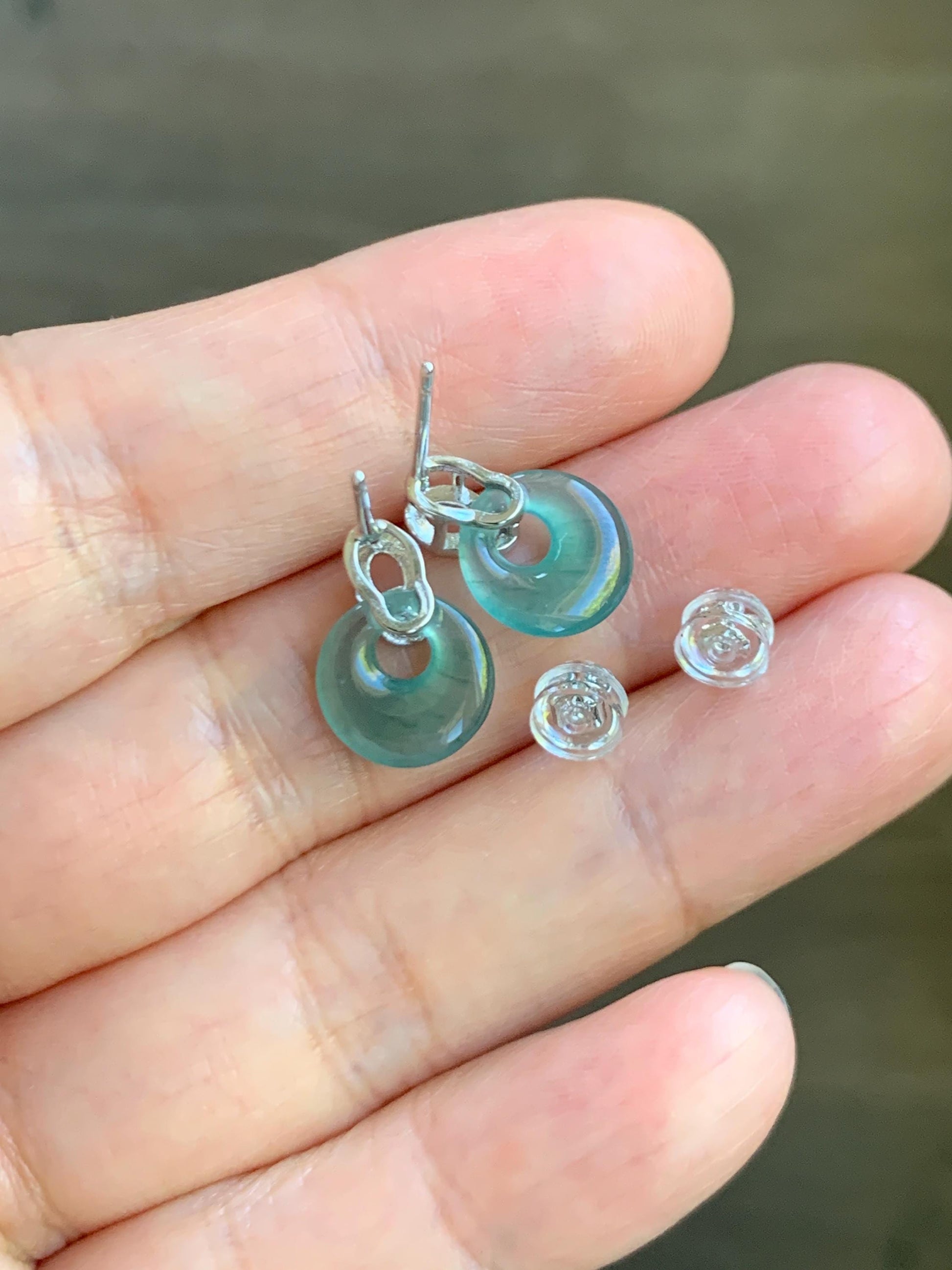 Natural Grade A Guatemalan Icy Highly Translucent Teal Blue Jade Jadeite Princess Donut Stud Earrings Sterling Silver 天然冰危蓝翡翠公主扣银镶耳钉 WGZ66Y