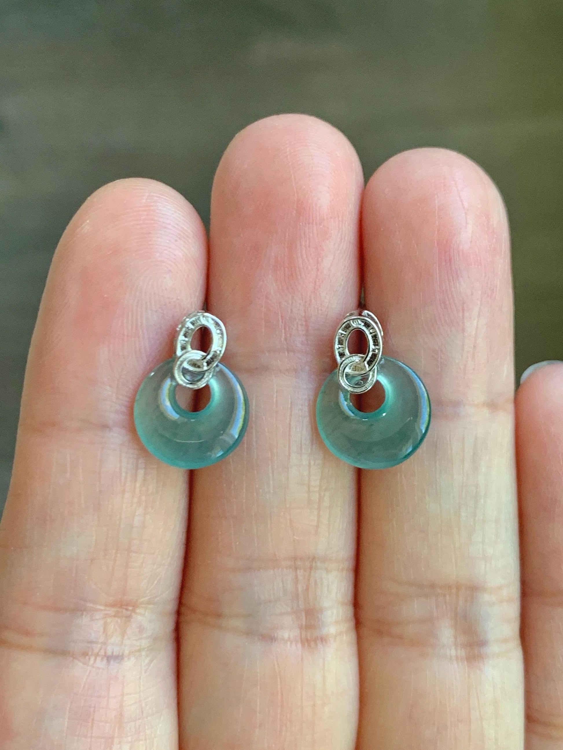 Natural Grade A Guatemalan Icy Highly Translucent Teal Blue Jade Jadeite Princess Donut Stud Earrings Sterling Silver 天然冰危蓝翡翠公主扣银镶耳钉 WGZ66Y