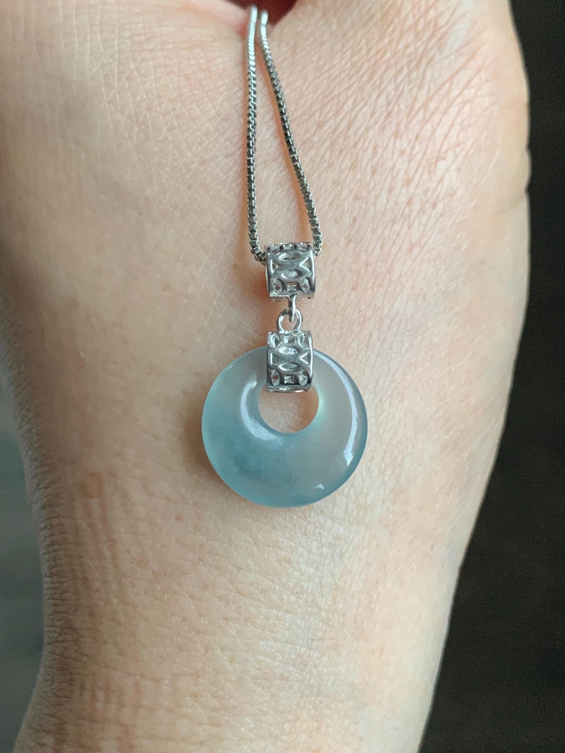 Natural Grade A Guatemalan Icy Translucent Pastel Teal Blue Jade Jadeite Ping An Kou Donut Pendant Sterling Silver 天然冰胶危飘蓝翡翠平安扣吊坠 WGZ55A