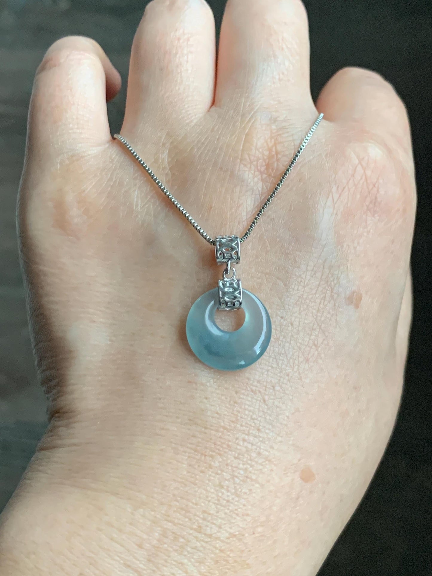 Natural Grade A Guatemalan Icy Translucent Pastel Teal Blue Jade Jadeite Ping An Kou Donut Pendant Sterling Silver 天然冰胶危飘蓝翡翠平安扣吊坠 WGZ55A