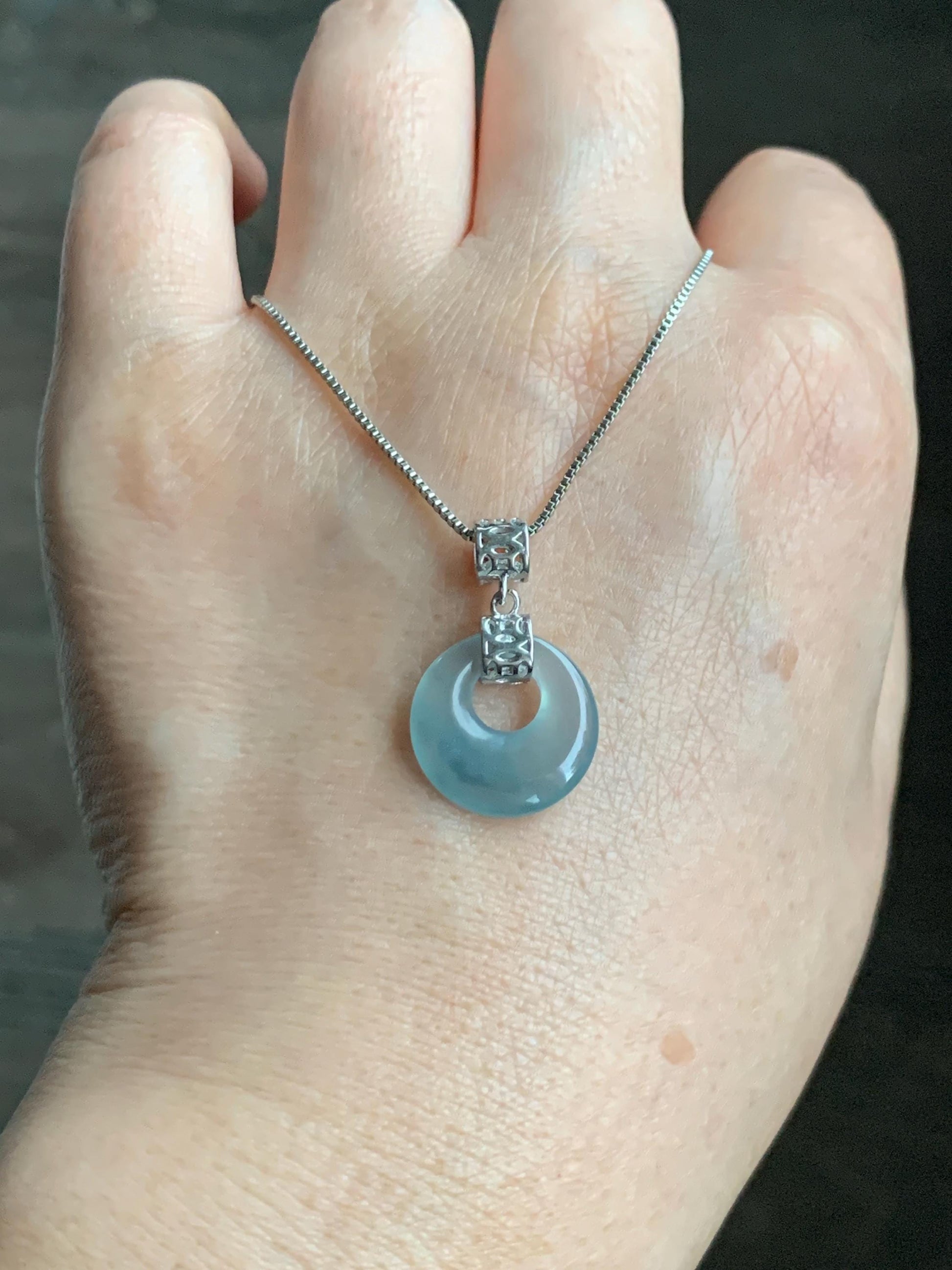 Natural Grade A Guatemalan Icy Translucent Pastel Teal Blue Jade Jadeite Ping An Kou Donut Pendant Sterling Silver 天然冰胶危飘蓝翡翠平安扣吊坠 WGZ55A