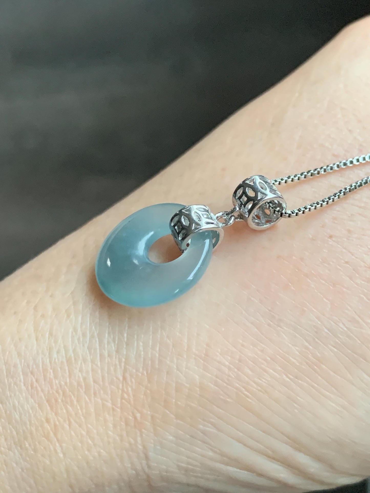 Natural Grade A Guatemalan Icy Translucent Pastel Teal Blue Jade Jadeite Ping An Kou Donut Pendant Sterling Silver 天然冰胶危飘蓝翡翠平安扣吊坠 WGZ55A