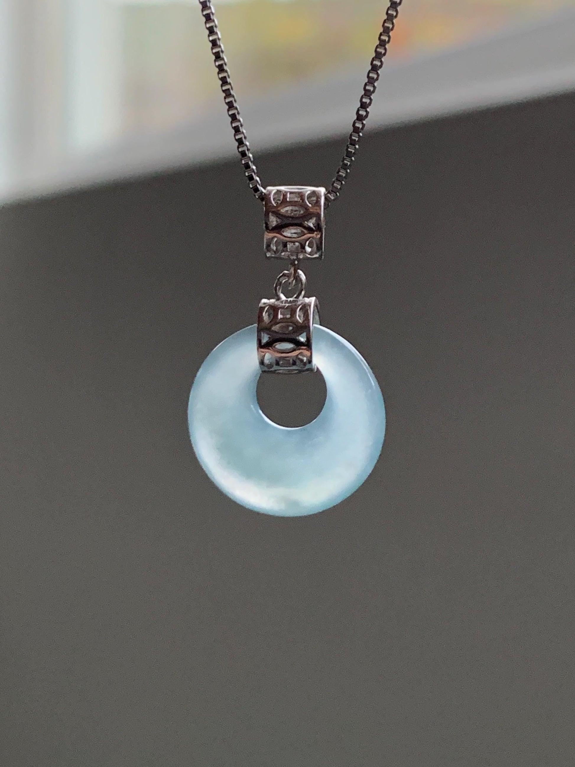 Natural Grade A Guatemalan Icy Translucent Pastel Teal Blue Jade Jadeite Ping An Kou Donut Pendant Sterling Silver 天然冰胶危飘蓝翡翠平安扣吊坠 WGZ55A