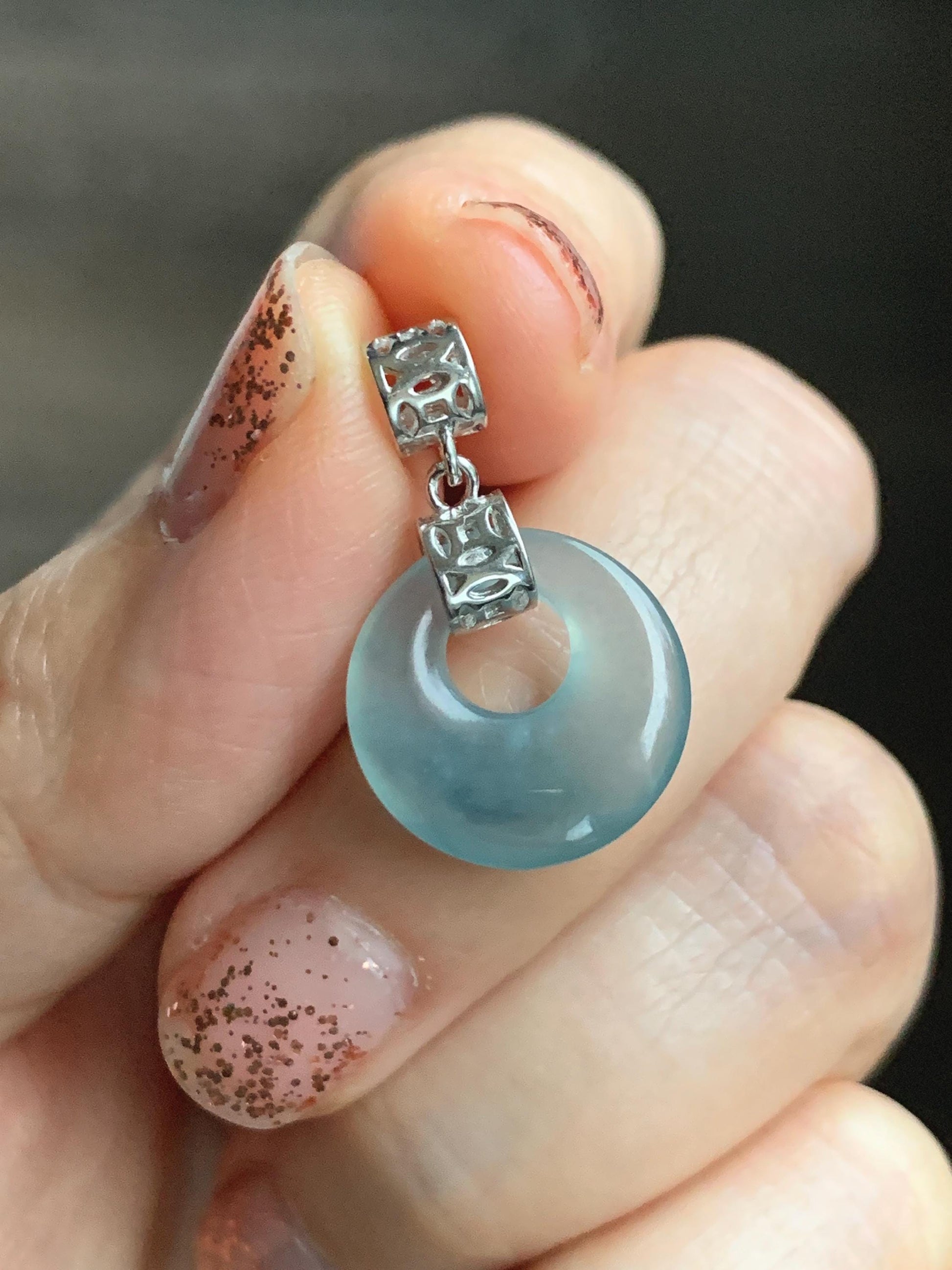 Natural Grade A Guatemalan Icy Translucent Pastel Teal Blue Jade Jadeite Ping An Kou Donut Pendant Sterling Silver 天然冰胶危飘蓝翡翠平安扣吊坠 WGZ55A