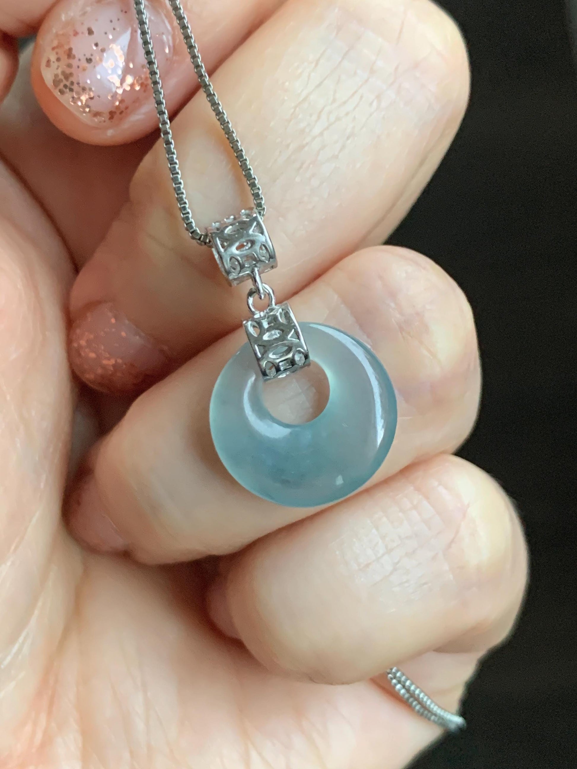 Natural Grade A Guatemalan Icy Translucent Pastel Teal Blue Jade Jadeite Ping An Kou Donut Pendant Sterling Silver 天然冰胶危飘蓝翡翠平安扣吊坠 WGZ55A