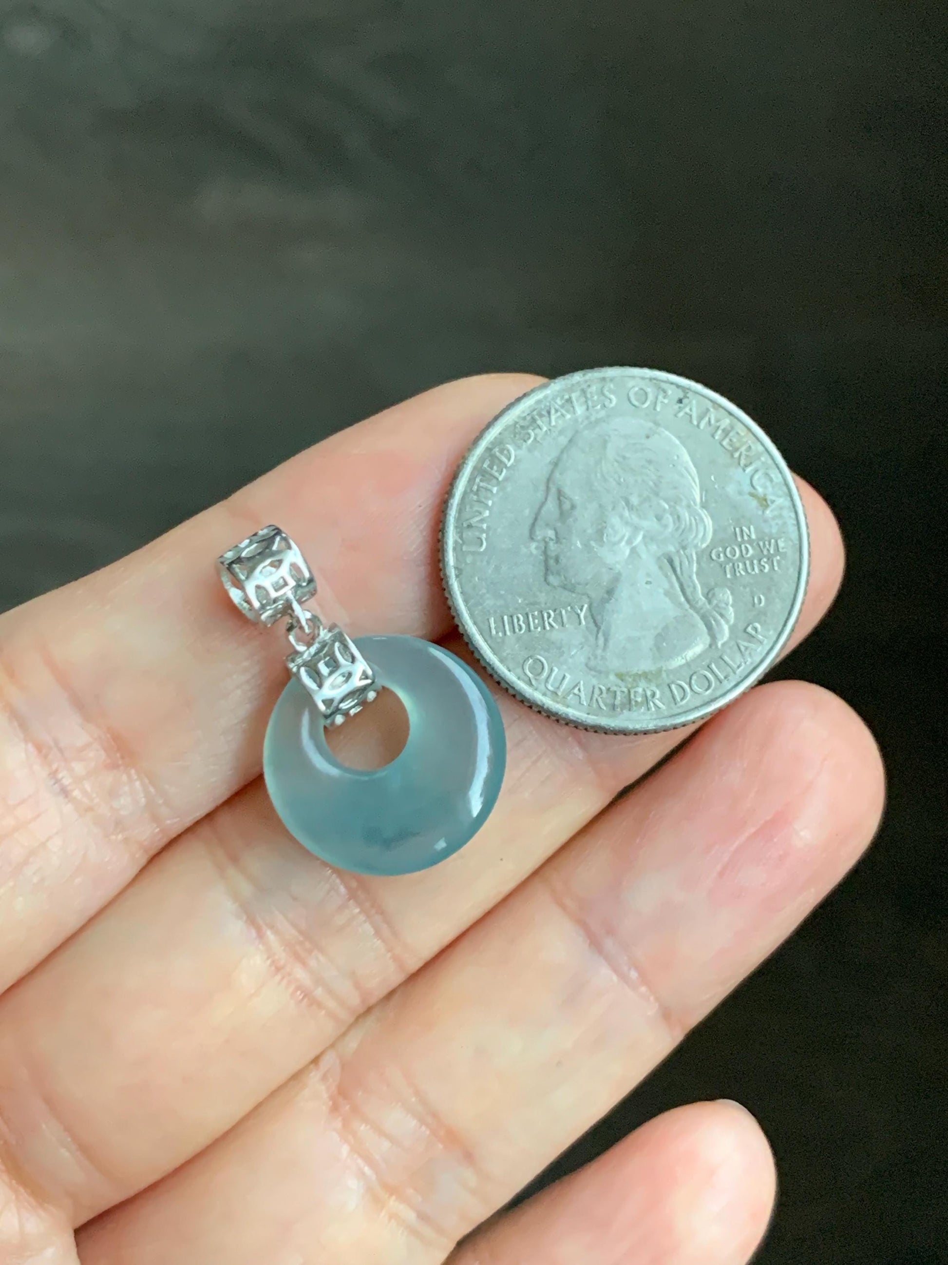 Natural Grade A Guatemalan Icy Translucent Pastel Teal Blue Jade Jadeite Ping An Kou Donut Pendant Sterling Silver 天然冰胶危飘蓝翡翠平安扣吊坠 WGZ55A