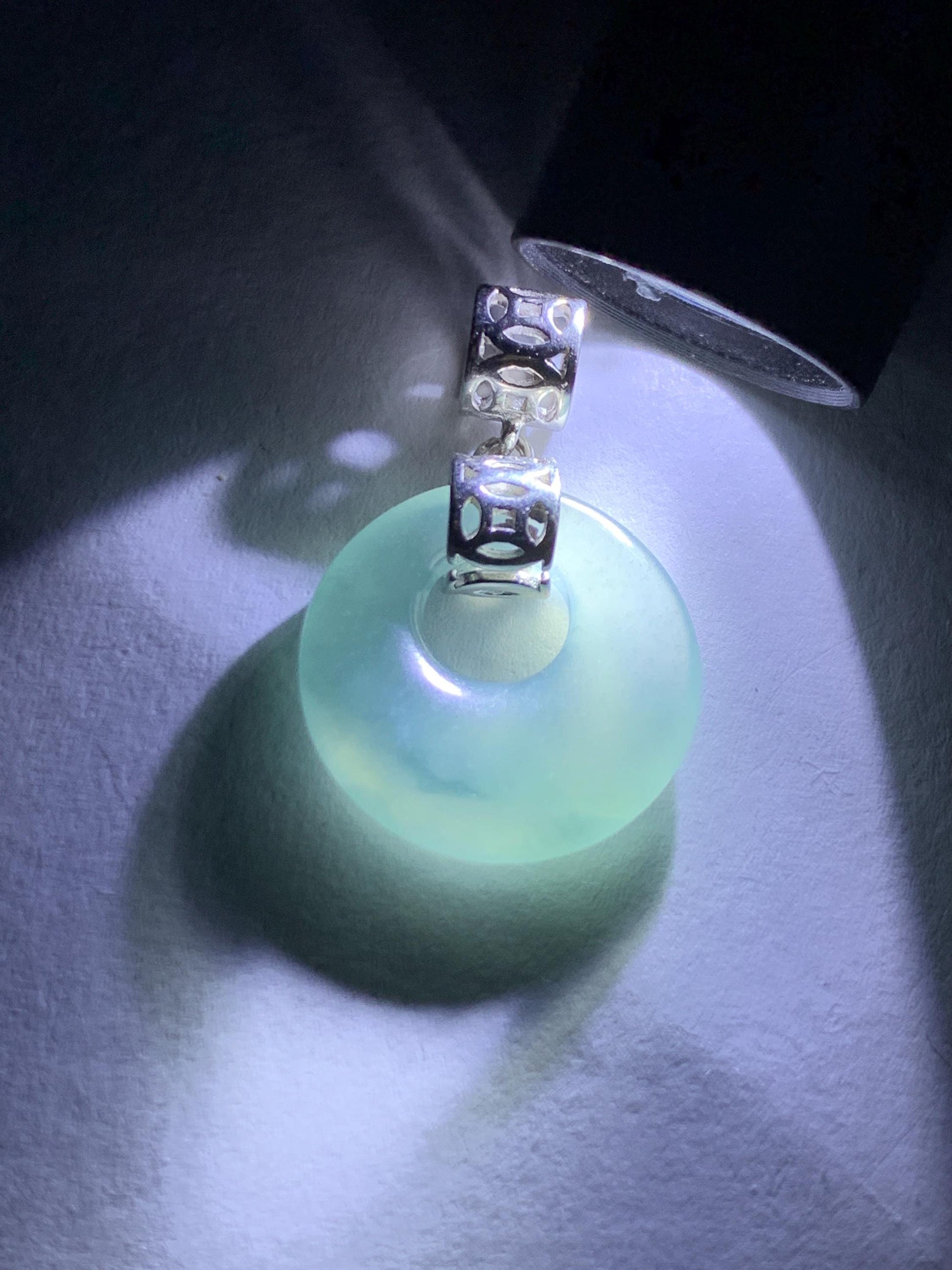 Natural Grade A Guatemalan Icy Translucent Pastel Teal Blue Jade Jadeite Ping An Kou Donut Pendant Sterling Silver 天然冰胶危飘蓝翡翠平安扣吊坠 WGZ55A