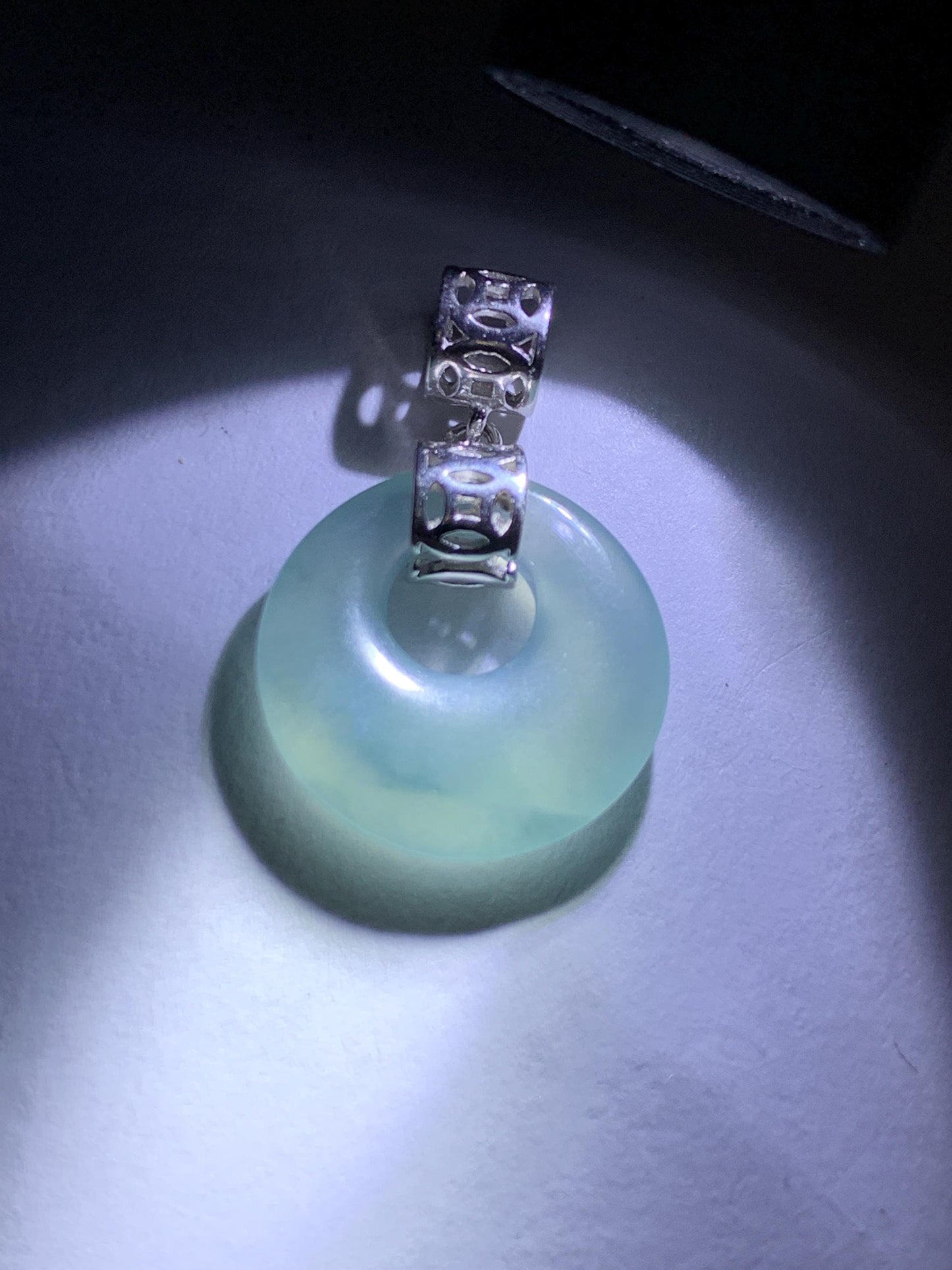 Natural Grade A Guatemalan Icy Translucent Pastel Teal Blue Jade Jadeite Ping An Kou Donut Pendant Sterling Silver 天然冰胶危飘蓝翡翠平安扣吊坠 WGZ55A