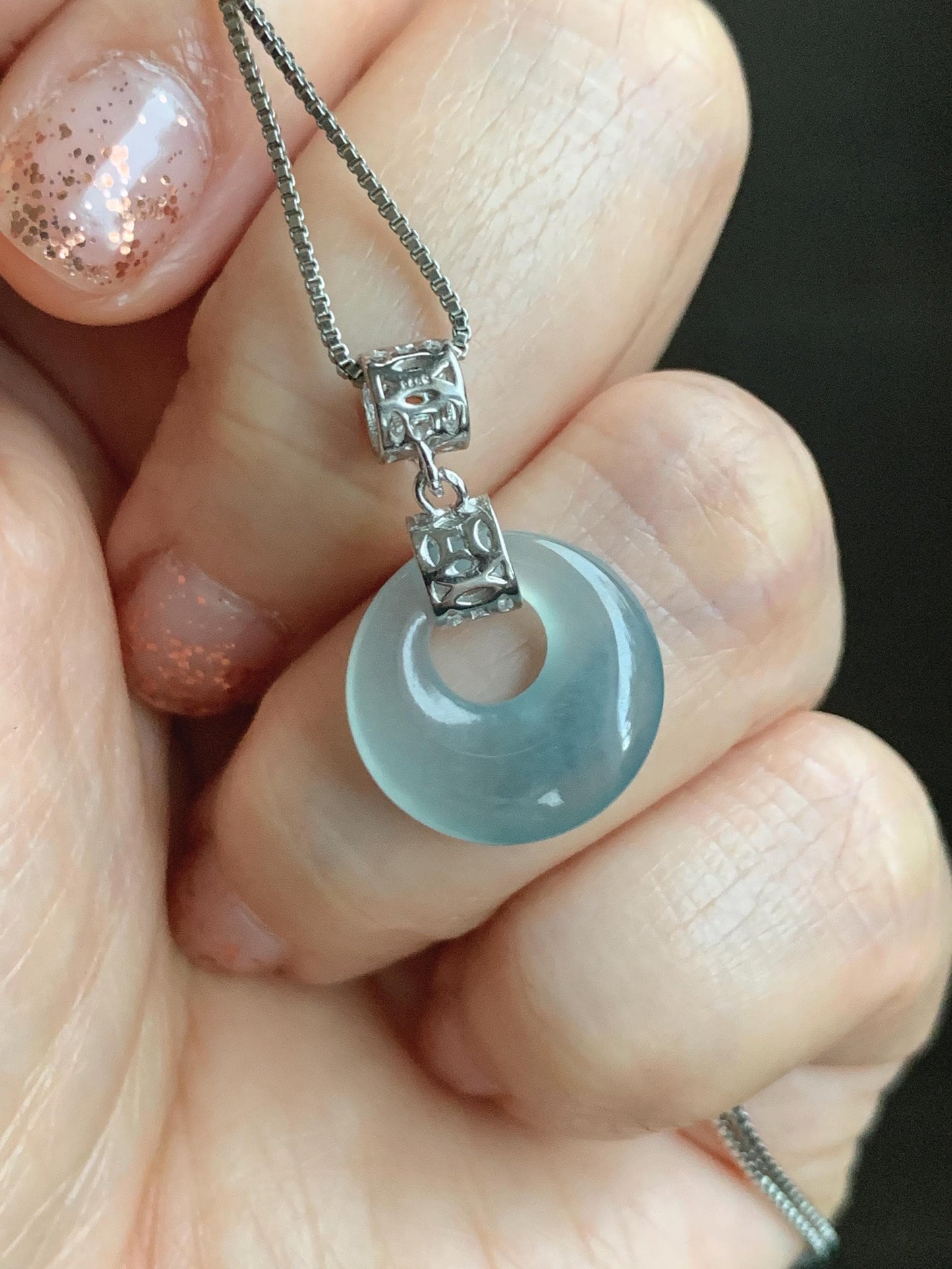 Natural Grade A Guatemalan Icy Translucent Pastel Teal Blue Jade Jadeite Ping An Kou Donut Pendant Sterling Silver 天然冰胶危飘蓝翡翠平安扣吊坠 WGZ55A