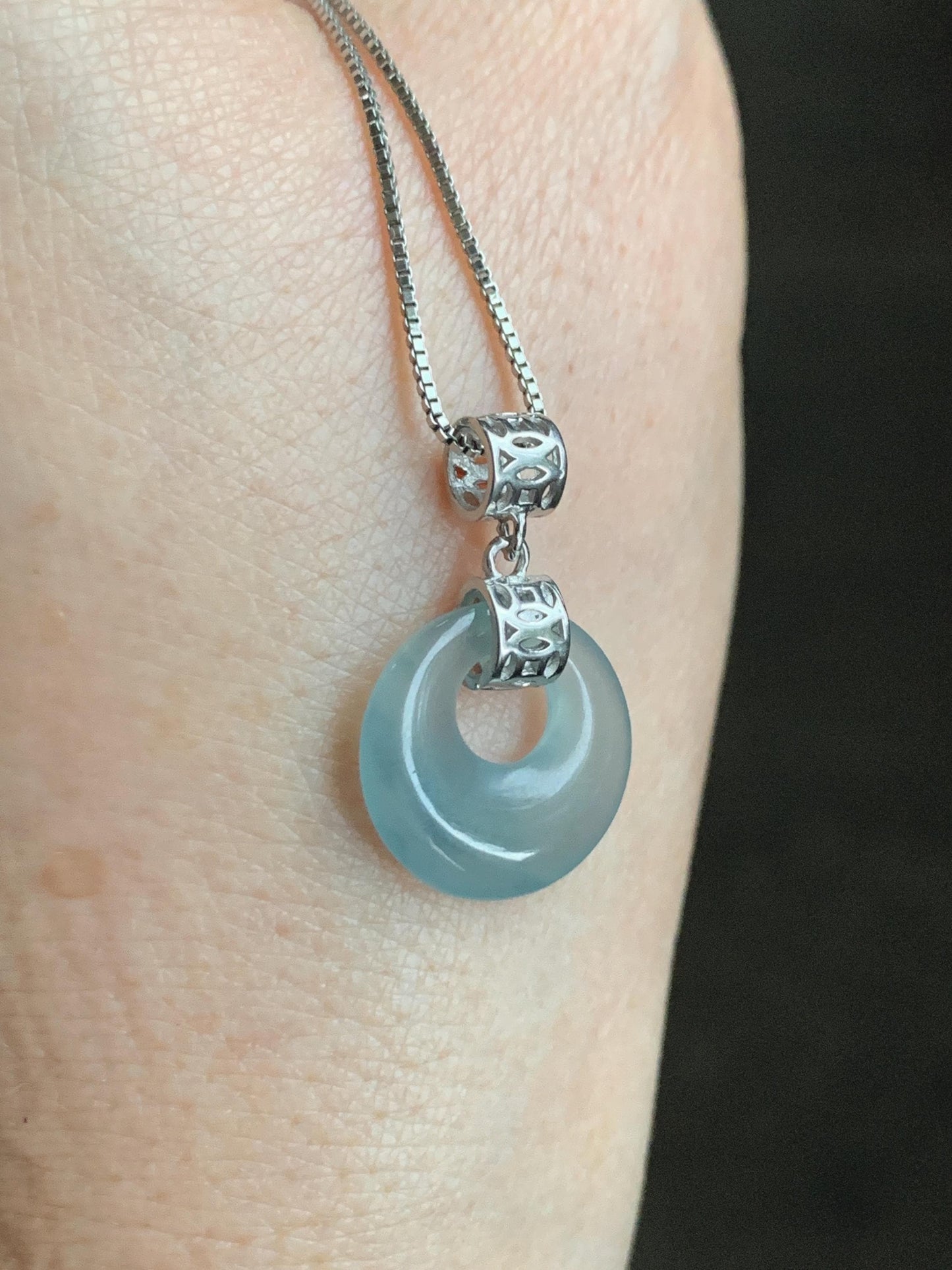 Natural Grade A Guatemalan Icy Translucent Pastel Teal Blue Jade Jadeite Ping An Kou Donut Pendant Sterling Silver 天然冰胶危飘蓝翡翠平安扣吊坠 WGZ55A