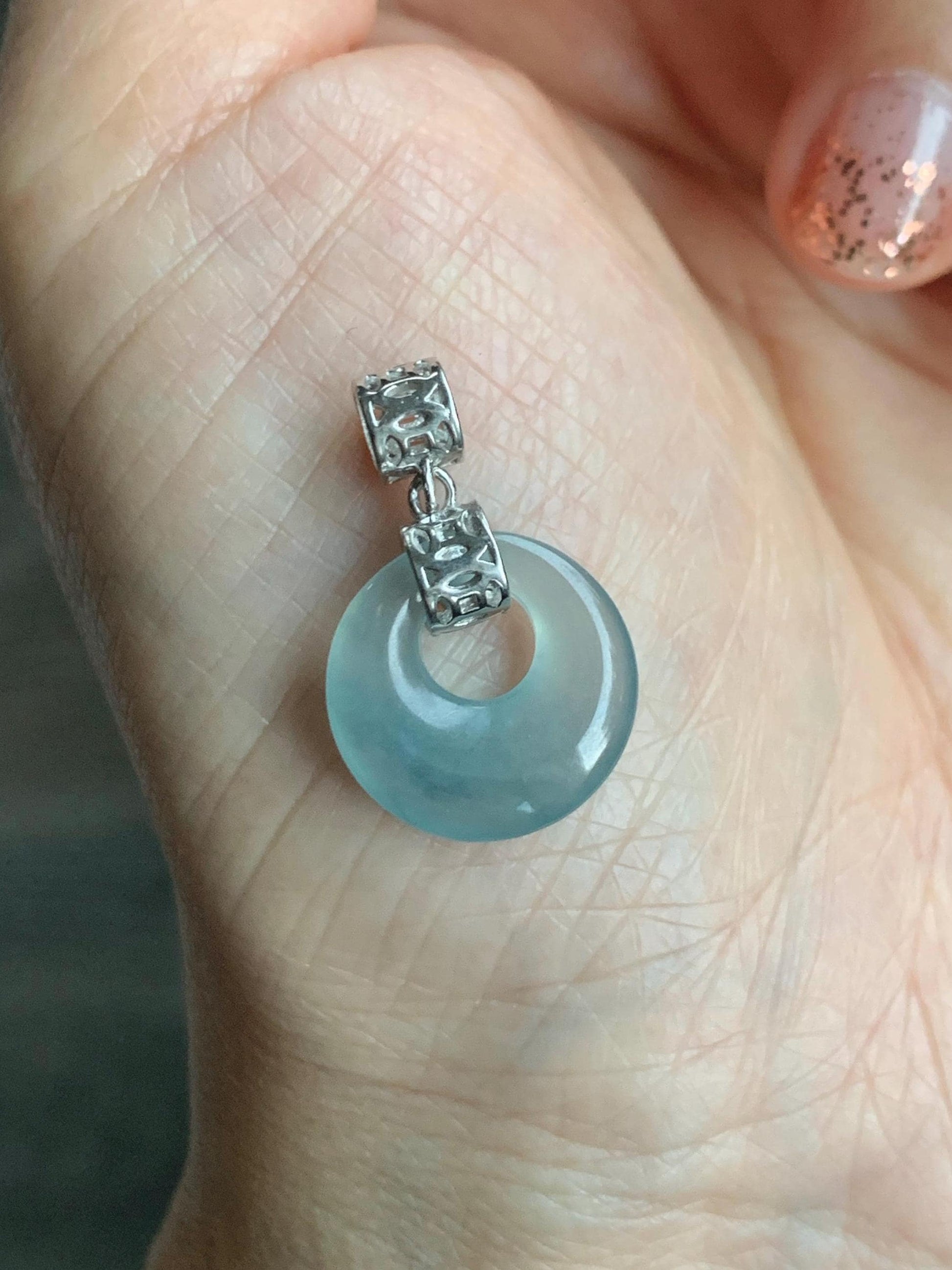 Natural Grade A Guatemalan Icy Translucent Pastel Teal Blue Jade Jadeite Ping An Kou Donut Pendant Sterling Silver 天然冰胶危飘蓝翡翠平安扣吊坠 WGZ55A