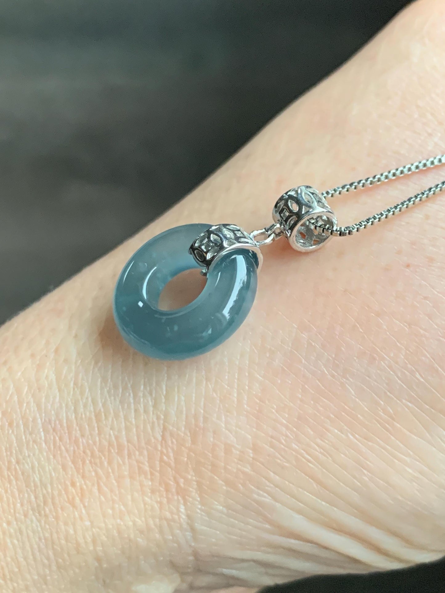 Natural Grade A Guatemalan Icy Translucent Dark Teal Blue Jade Jadeite Ping An Kou Donut Pendant Sterling Silver 天然冰胶危蓝翡翠平安扣吊坠 WTQ85