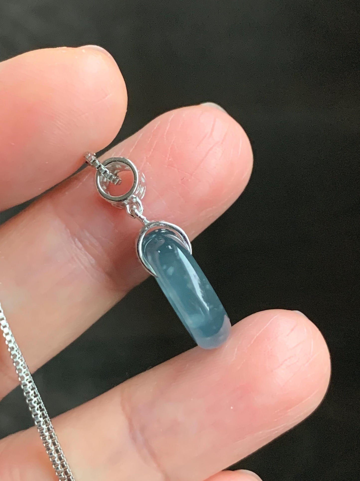 Natural Grade A Guatemalan Icy Translucent Dark Teal Blue Jade Jadeite Ping An Kou Donut Pendant Sterling Silver 天然冰胶危蓝翡翠平安扣吊坠 WTQ85