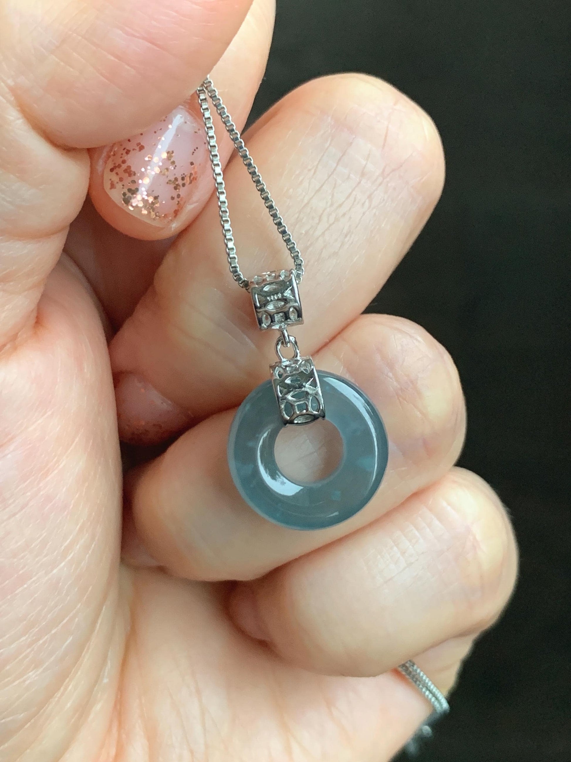 Natural Grade A Guatemalan Icy Translucent Dark Teal Blue Jade Jadeite Ping An Kou Donut Pendant Sterling Silver 天然冰胶危蓝翡翠平安扣吊坠 WTQ85