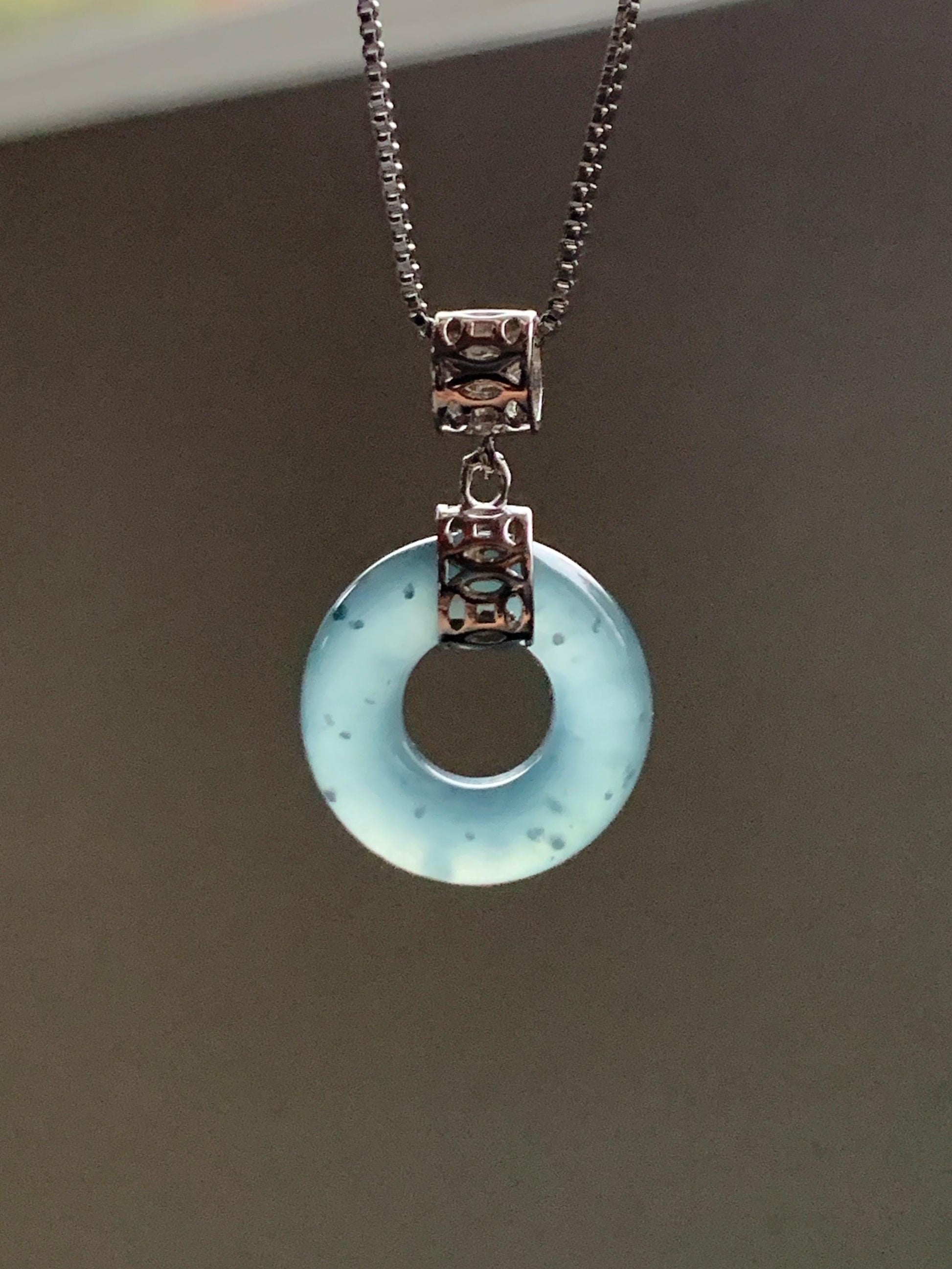 Natural Grade A Guatemalan Icy Translucent Dark Teal Blue Jade Jadeite Ping An Kou Donut Pendant Sterling Silver 天然冰胶危蓝翡翠平安扣吊坠 WTQ85