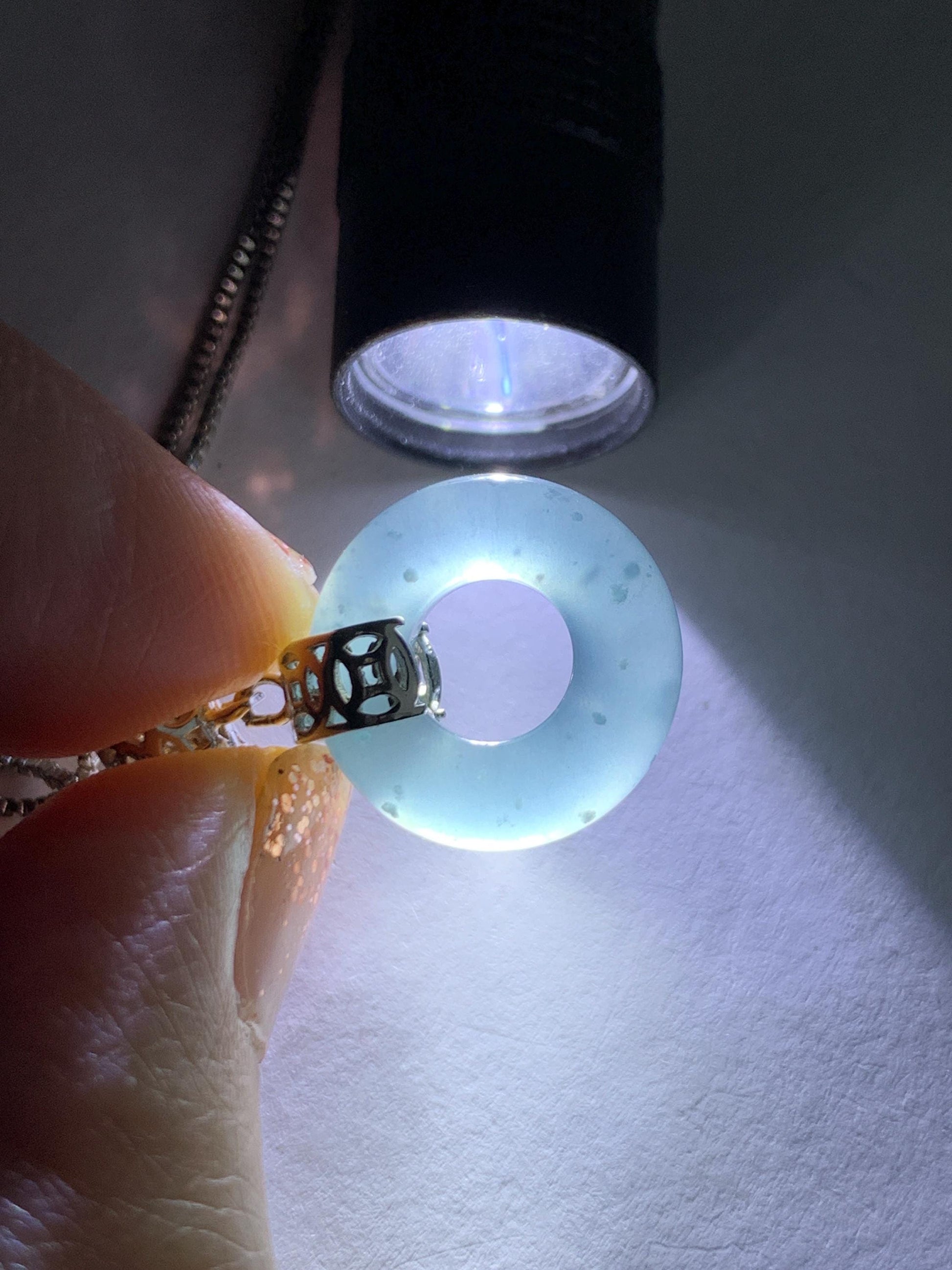 Natural Grade A Guatemalan Icy Translucent Dark Teal Blue Jade Jadeite Ping An Kou Donut Pendant Sterling Silver 天然冰胶危蓝翡翠平安扣吊坠 WTQ85