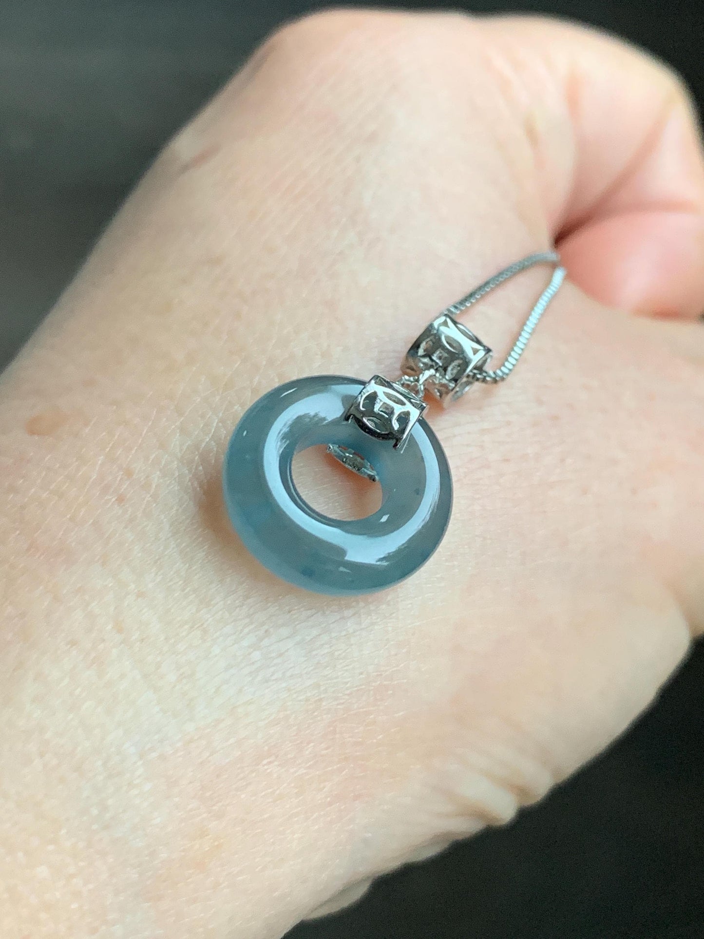 Natural Grade A Guatemalan Icy Translucent Dark Teal Blue Jade Jadeite Ping An Kou Donut Pendant Sterling Silver 天然冰胶危蓝翡翠平安扣吊坠 WTQ85