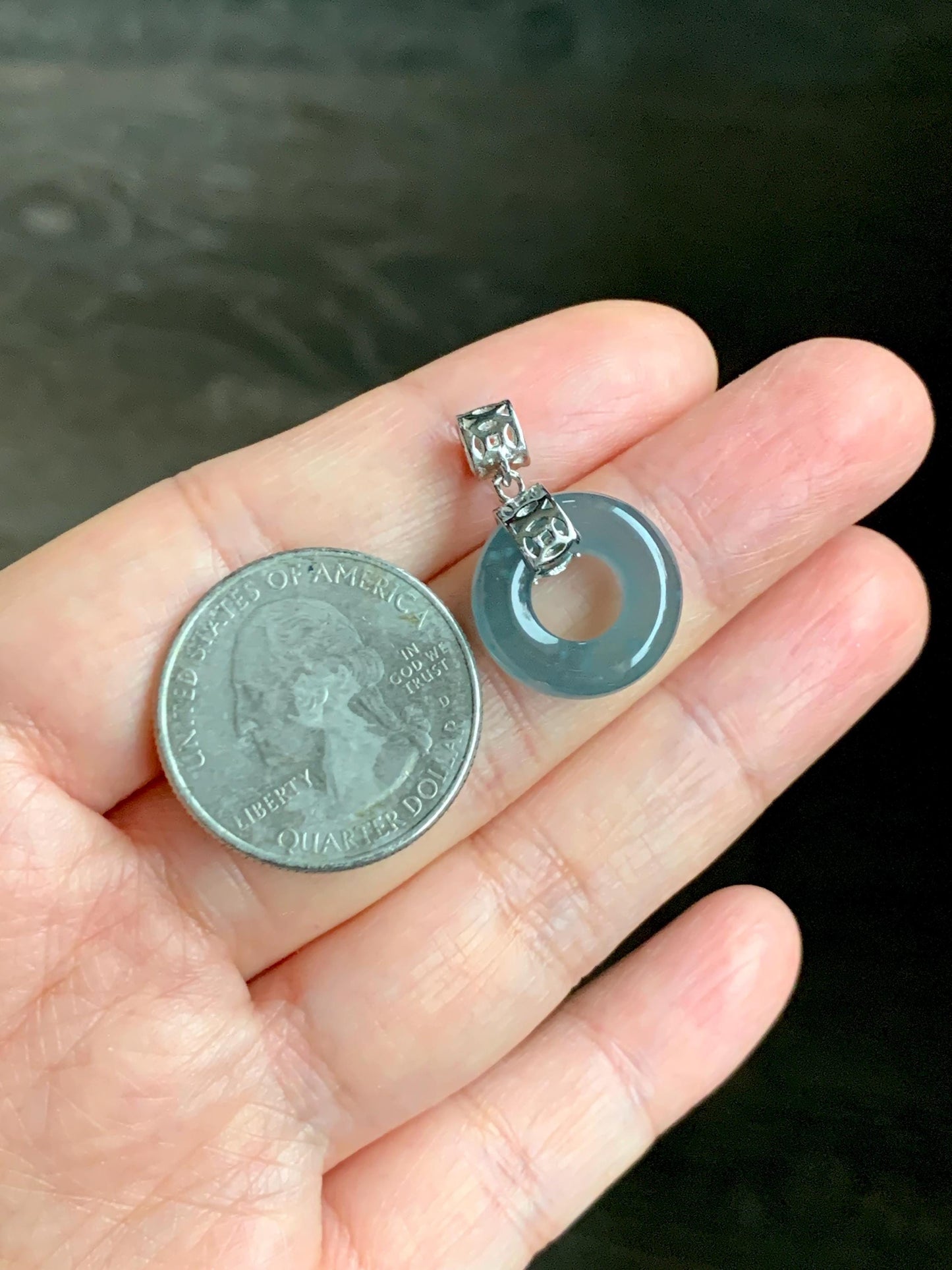 Natural Grade A Guatemalan Icy Translucent Dark Teal Blue Jade Jadeite Ping An Kou Donut Pendant Sterling Silver 天然冰胶危蓝翡翠平安扣吊坠 WTQ85