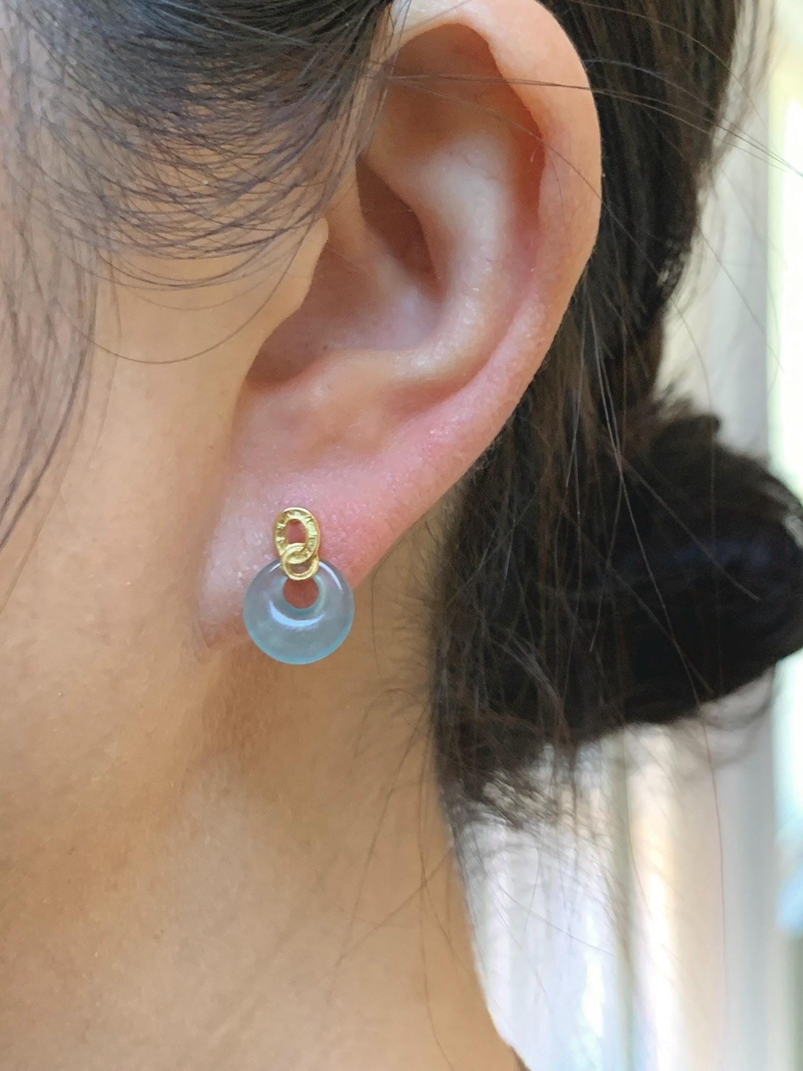 Natural Grade A Guatemalan Icy Highly Translucent Pastel Blue Jade Jadeite Princess Donut Stud Earrings Sterling Silver 天然冰危淡蓝翡翠公主扣耳钉WGZ66J