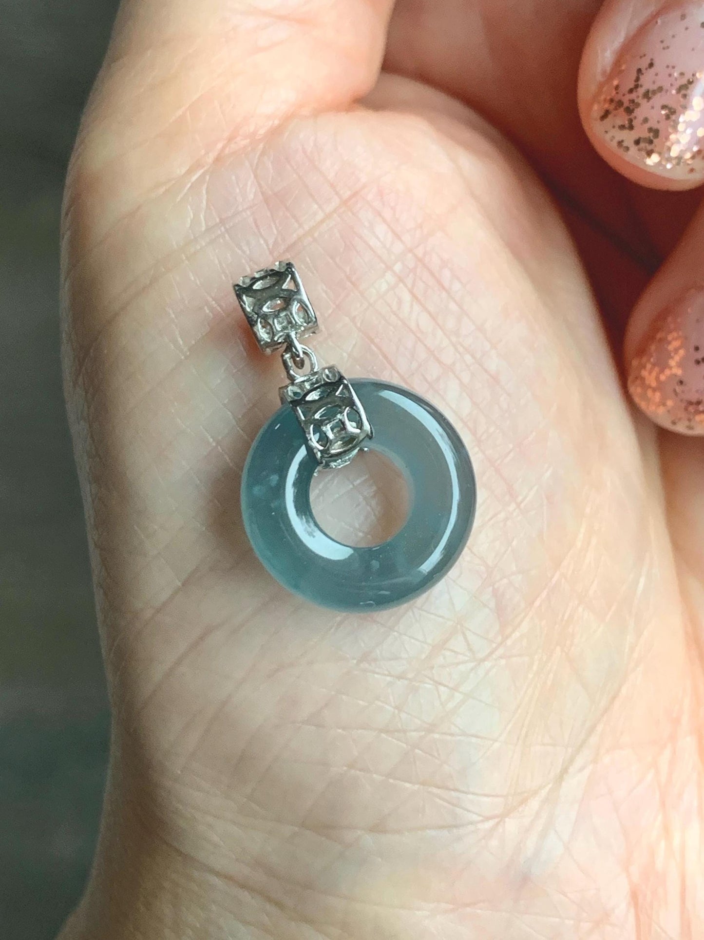 Natural Grade A Guatemalan Icy Translucent Dark Teal Blue Jade Jadeite Ping An Kou Donut Pendant Sterling Silver 天然冰胶危蓝翡翠平安扣吊坠 WTQ85