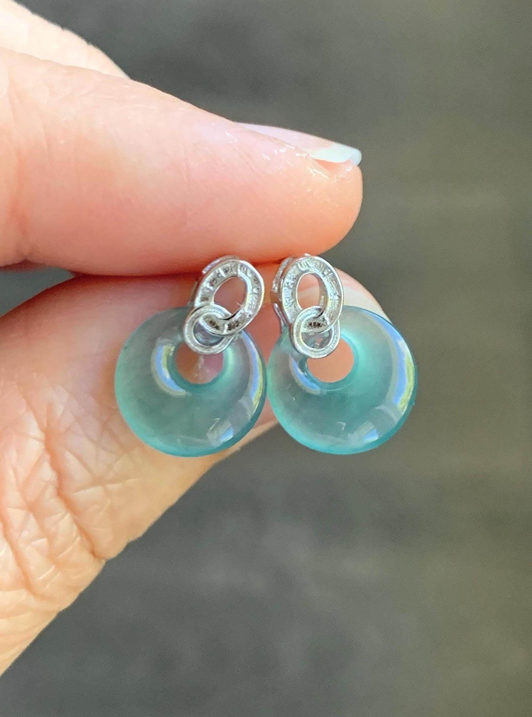 Natural Grade A Guatemalan Icy Highly Translucent Teal Blue Jade Jadeite Princess Donut Stud Earrings Sterling Silver 天然冰危蓝翡翠公主扣银镶耳钉 WGZ66Y