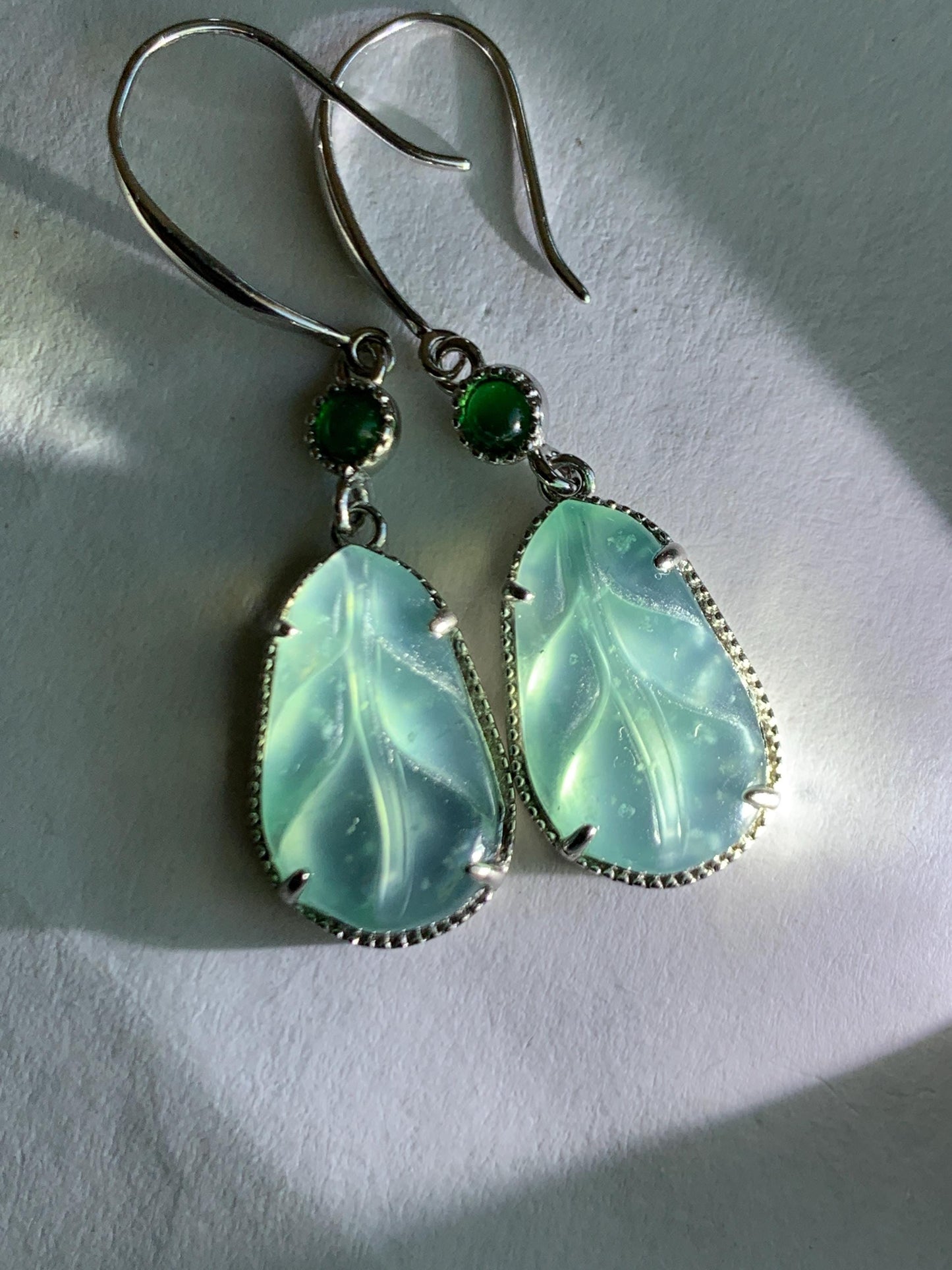 Natural Guatemalan Grade A Icy Highly Translucent Pastel Blue Jade Jadeite Leaf Dangle Earrings Sterling Silver 天然高冰危浅蓝翡翠叶子银耳钩 XYD240E