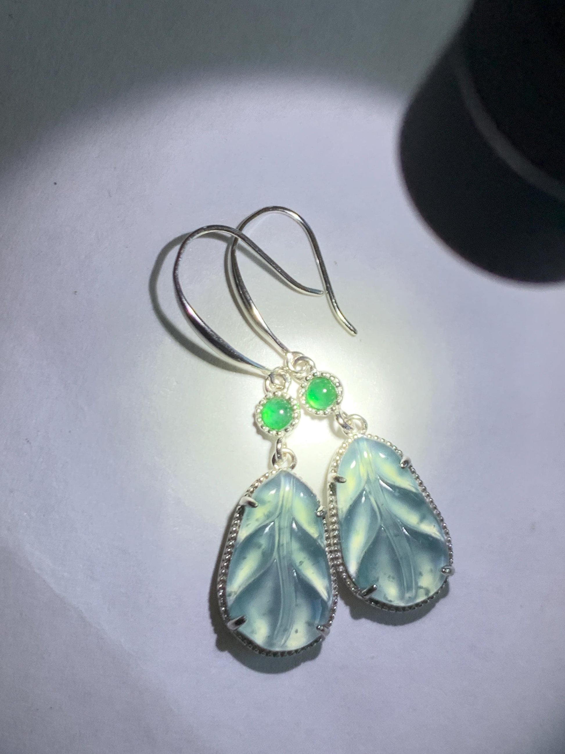 Natural Guatemalan Grade A Icy Highly Translucent Pastel Blue Jade Jadeite Leaf Dangle Earrings Sterling Silver 天然高冰危浅蓝翡翠叶子银耳钩 XYD240E