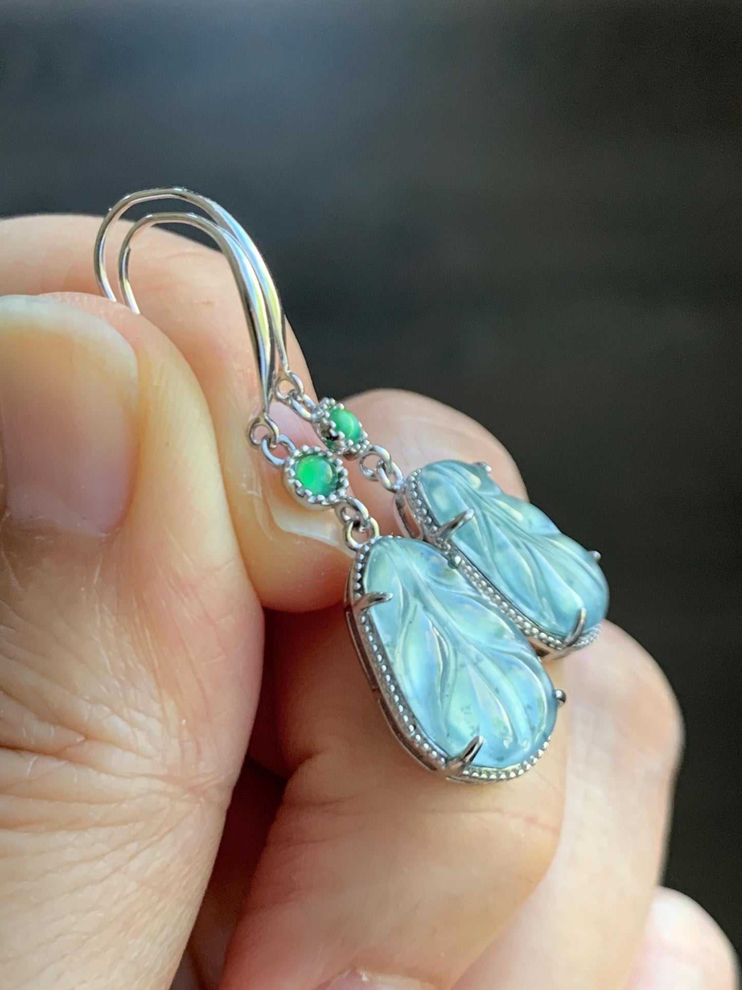 Natural Guatemalan Grade A Icy Highly Translucent Pastel Blue Jade Jadeite Leaf Dangle Earrings Sterling Silver 天然高冰危浅蓝翡翠叶子银耳钩 XYD240E