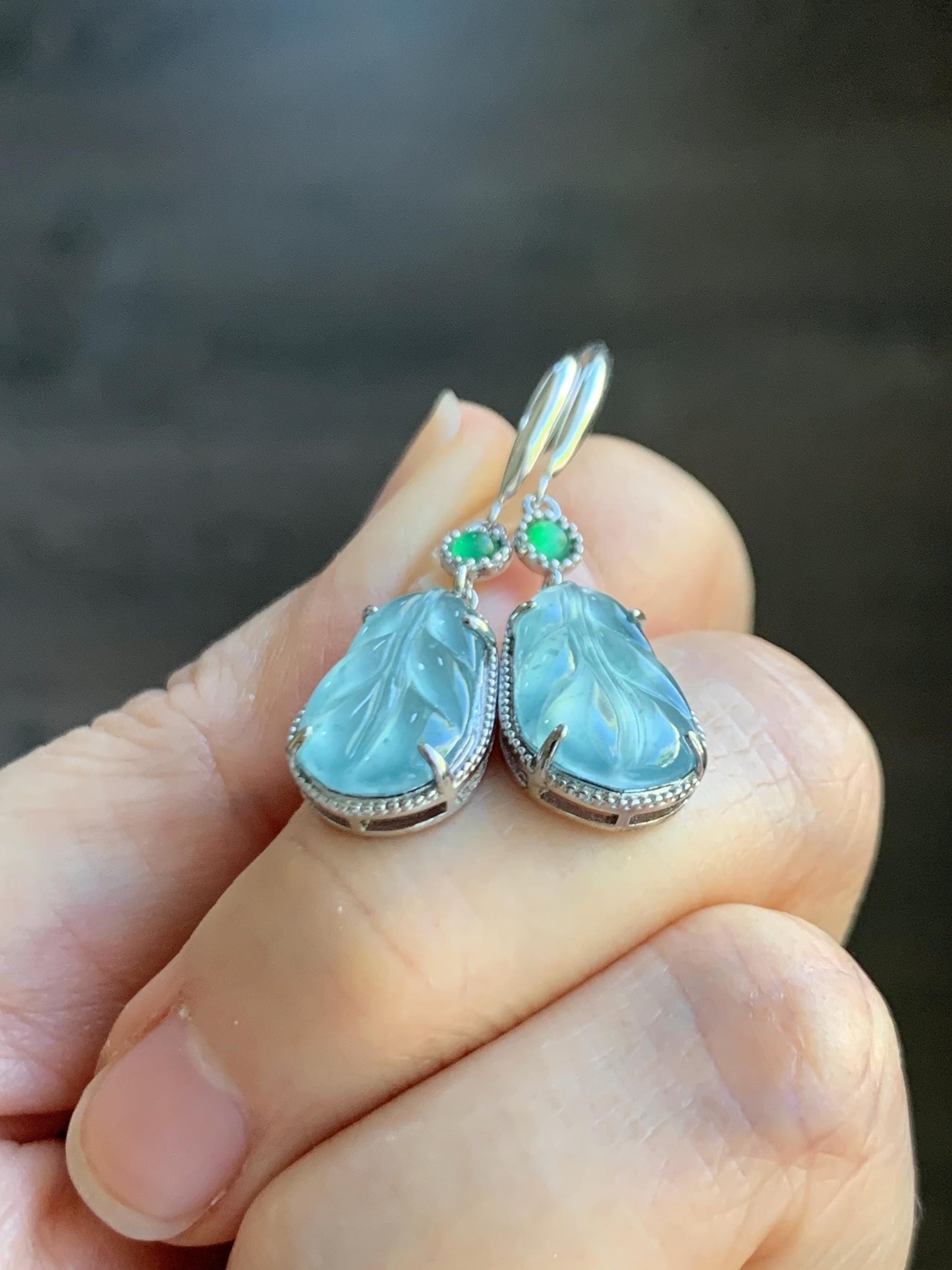 Natural Guatemalan Grade A Icy Highly Translucent Pastel Blue Jade Jadeite Leaf Dangle Earrings Sterling Silver 天然高冰危浅蓝翡翠叶子银耳钩 XYD240E