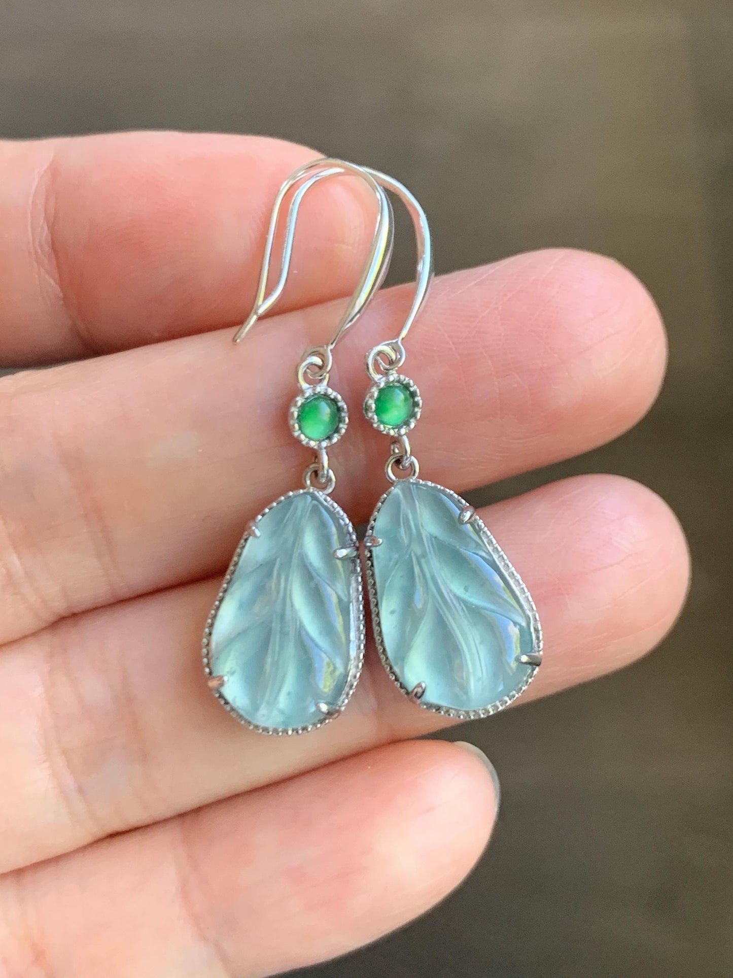 Natural Guatemalan Grade A Icy Highly Translucent Pastel Blue Jade Jadeite Leaf Dangle Earrings Sterling Silver 天然高冰危浅蓝翡翠叶子银耳钩 XYD240E
