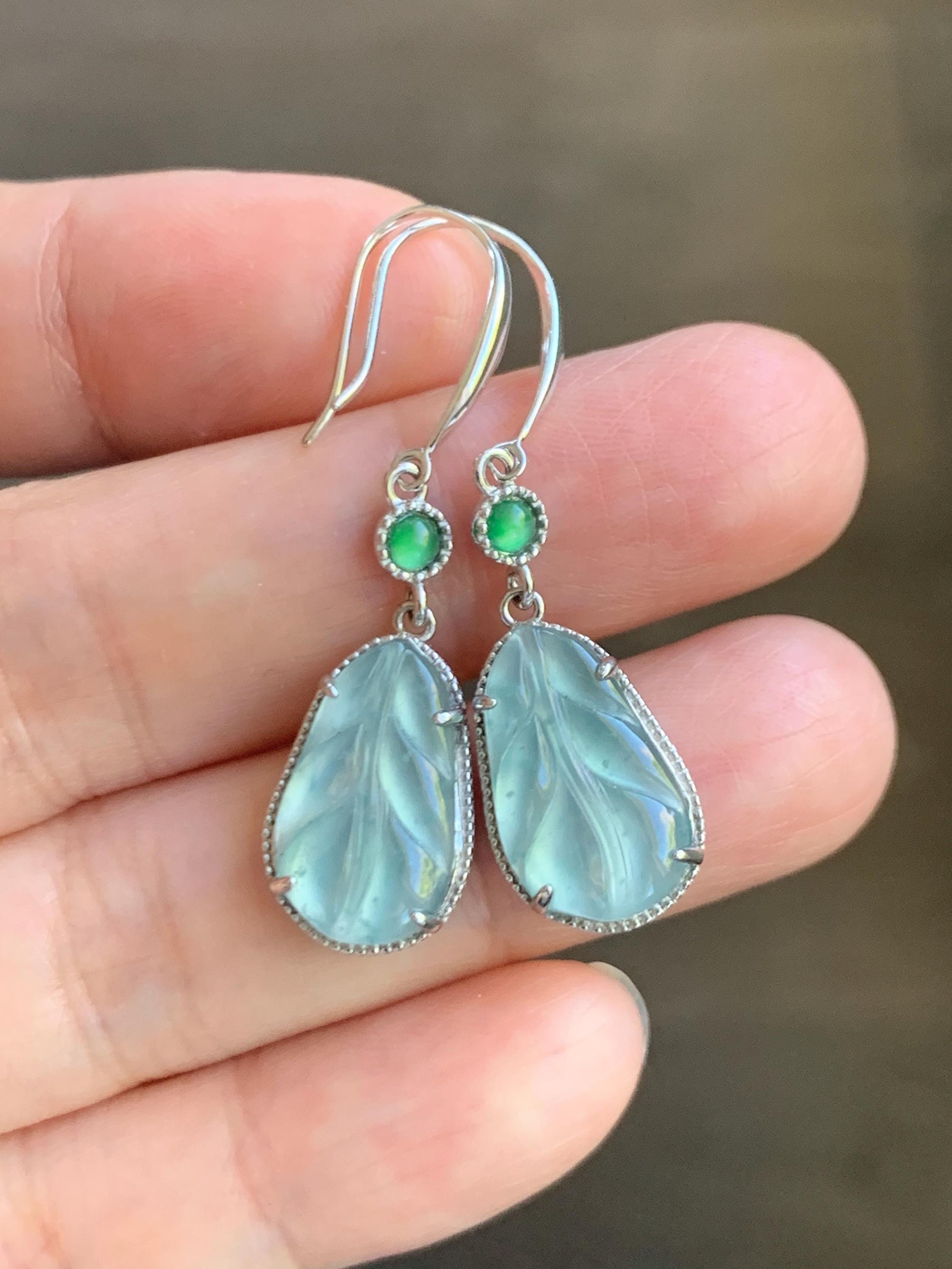 Natural Guatemalan Grade A Icy Highly Translucent Pastel Blue Jade Jadeite Leaf Dangle Earrings Sterling Silver 天然高冰危浅蓝翡翠叶子银耳钩 XYD240E