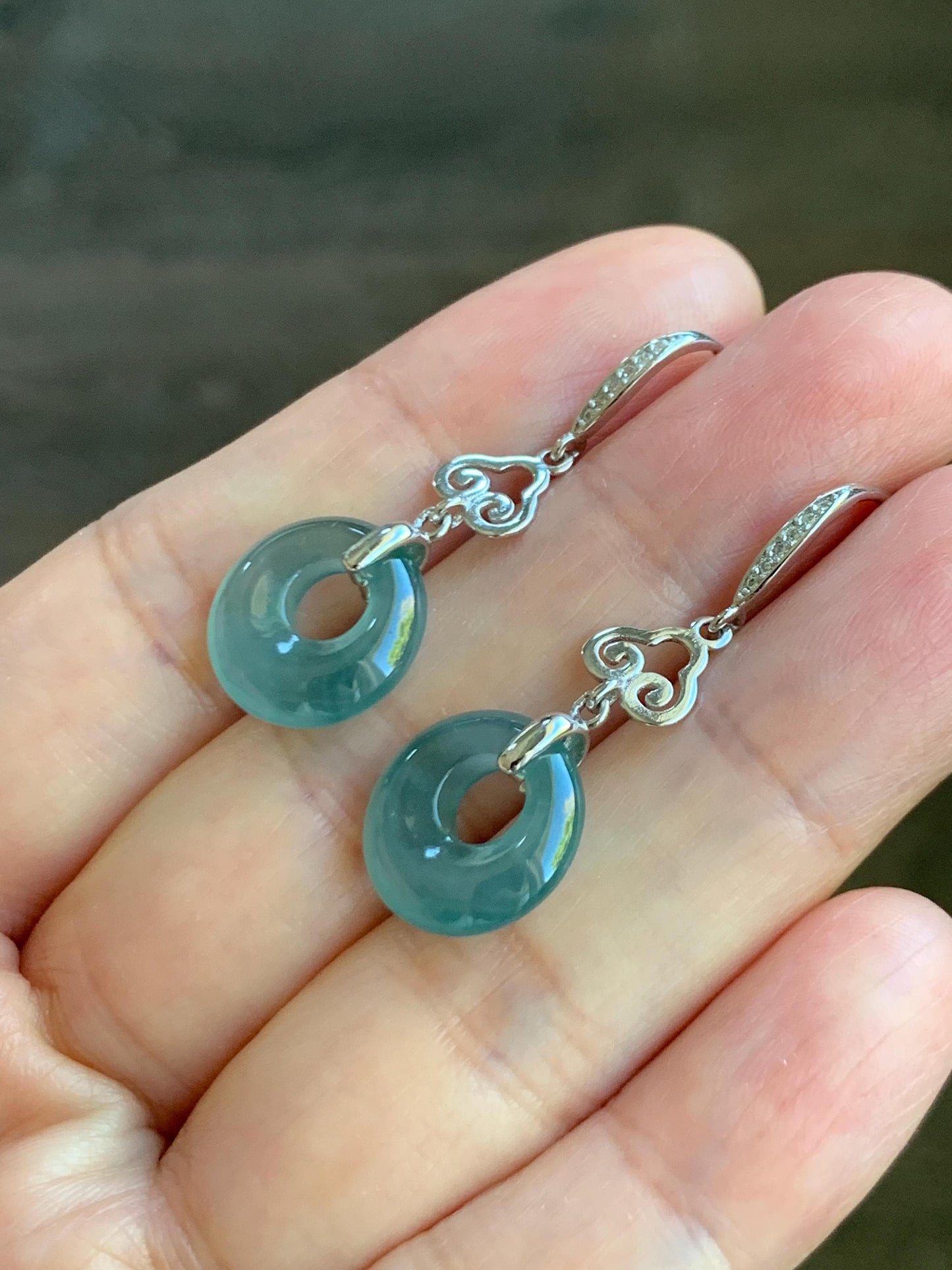 Natural Grade A Guatemalan Icy Highly Translucent Teal Blue Jade Jadeite Princess Donut Dangle Earrings Sterling Silver 天然冰危蓝绿翡翠公主扣耳钩 WGZ110