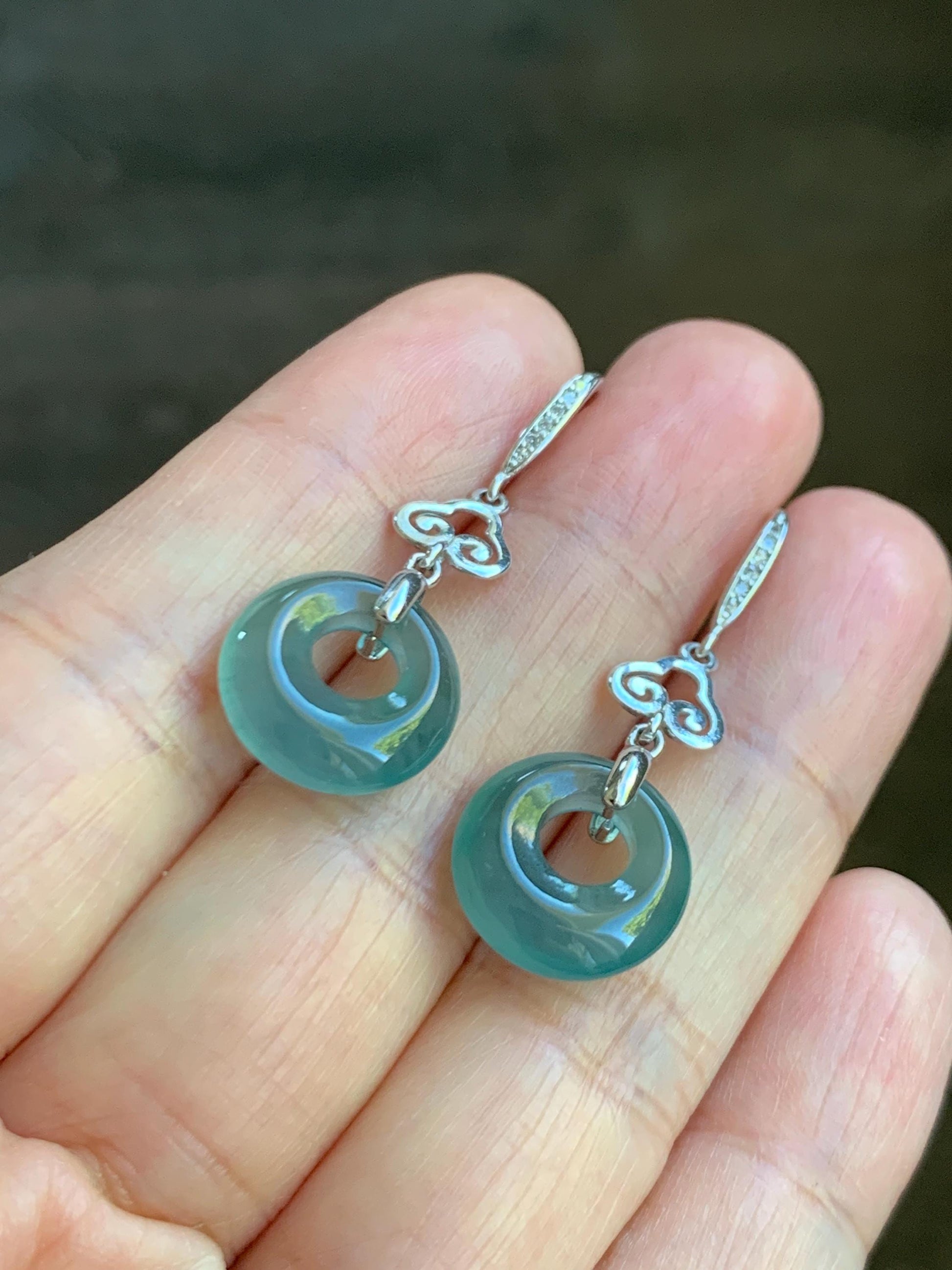 Natural Grade A Guatemalan Icy Highly Translucent Teal Blue Jade Jadeite Princess Donut Dangle Earrings Sterling Silver 天然冰危蓝绿翡翠公主扣耳钩 WGZ110
