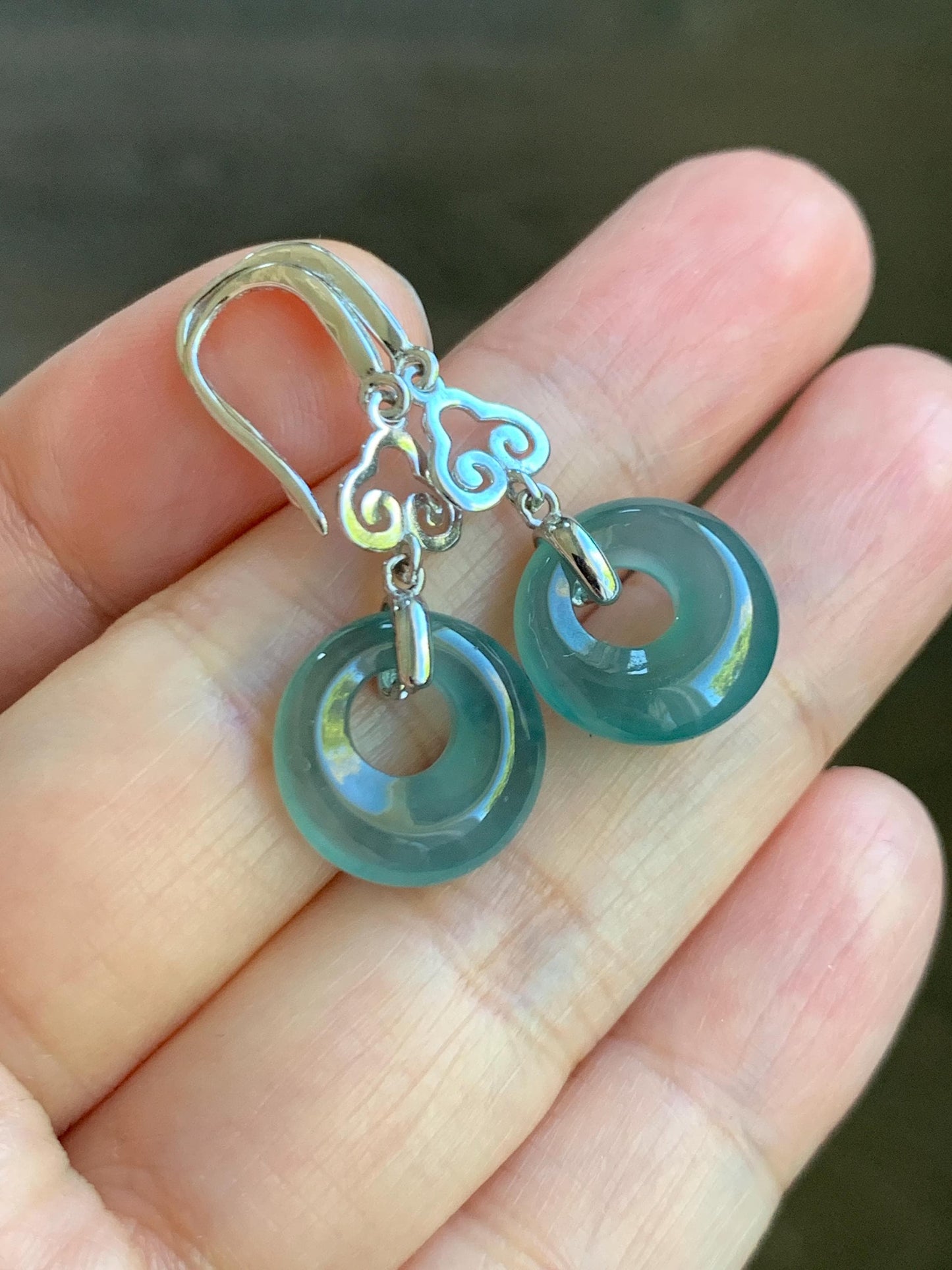Natural Grade A Guatemalan Icy Highly Translucent Teal Blue Jade Jadeite Princess Donut Dangle Earrings Sterling Silver 天然冰危蓝绿翡翠公主扣耳钩 WGZ110