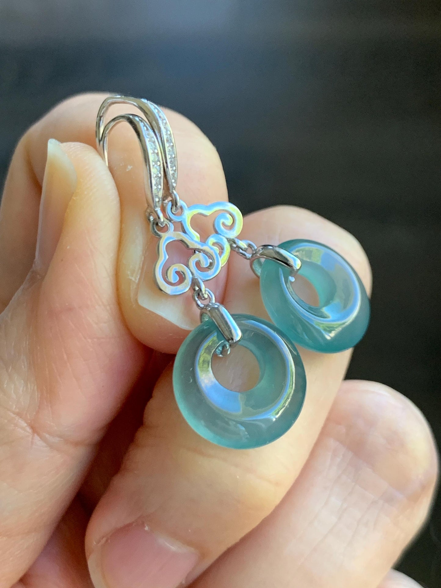 Natural Grade A Guatemalan Icy Highly Translucent Teal Blue Jade Jadeite Princess Donut Dangle Earrings Sterling Silver 天然冰危蓝绿翡翠公主扣耳钩 WGZ110