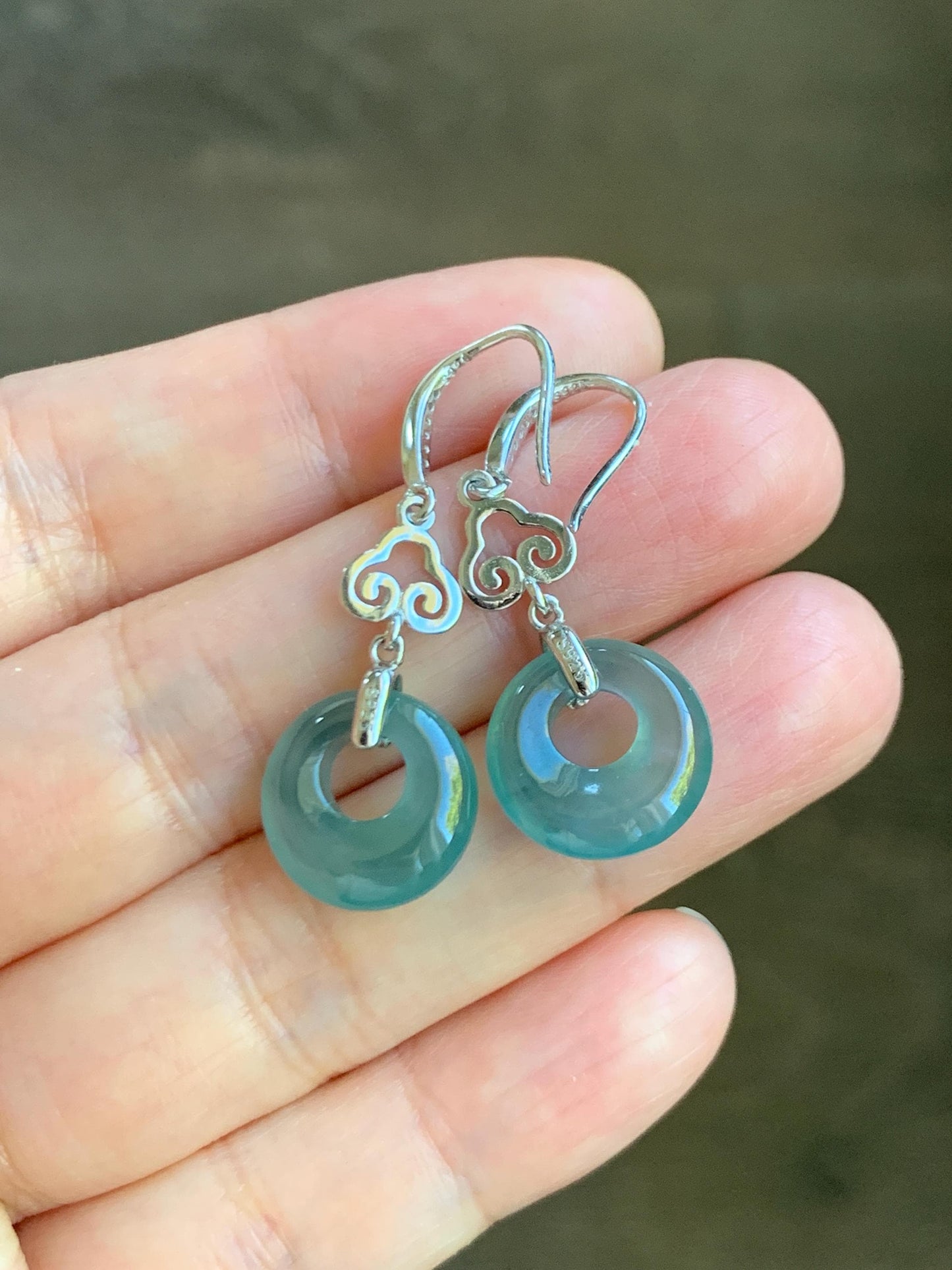 Natural Grade A Guatemalan Icy Highly Translucent Teal Blue Jade Jadeite Princess Donut Dangle Earrings Sterling Silver 天然冰危蓝绿翡翠公主扣耳钩 WGZ110