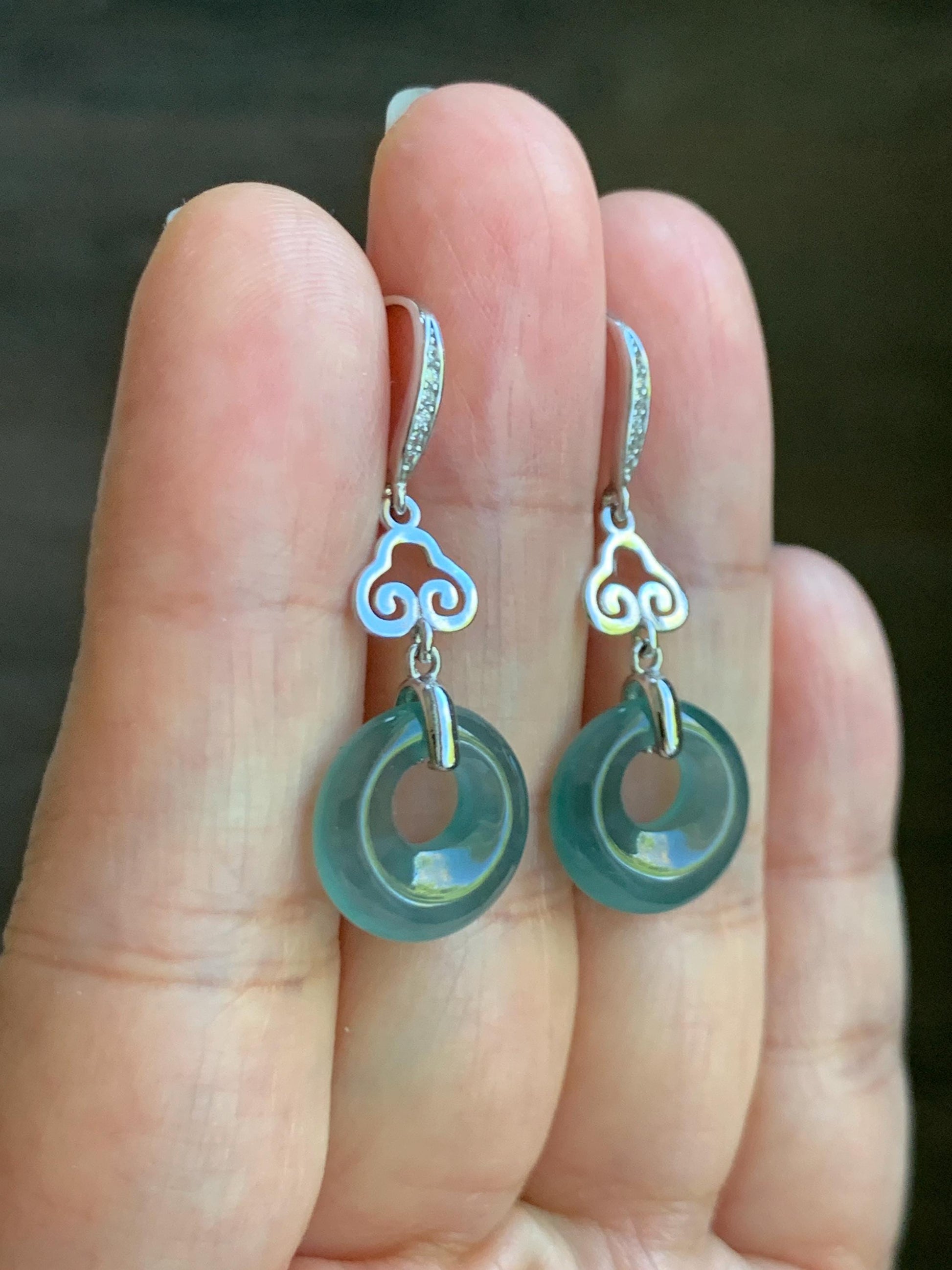 Natural Grade A Guatemalan Icy Highly Translucent Teal Blue Jade Jadeite Princess Donut Dangle Earrings Sterling Silver 天然冰危蓝绿翡翠公主扣耳钩 WGZ110