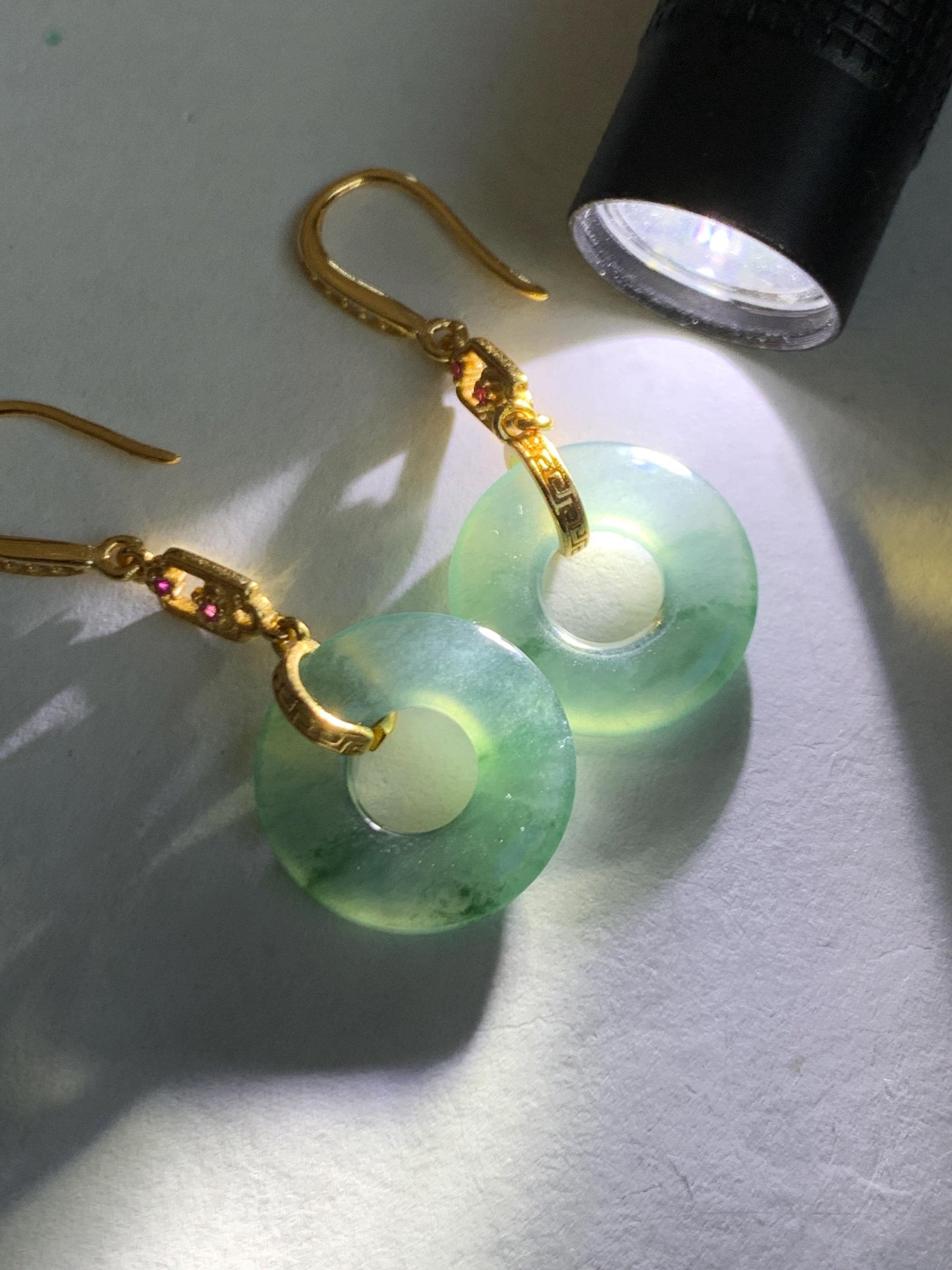 Natural Grade A Guatemalan Icy Translucent Teal Green Marbled Jade Jadeite Ping An Kou Donut Earrings Sterling Silver 天然冰危飘花翡翠平安扣耳钩 WPHG110