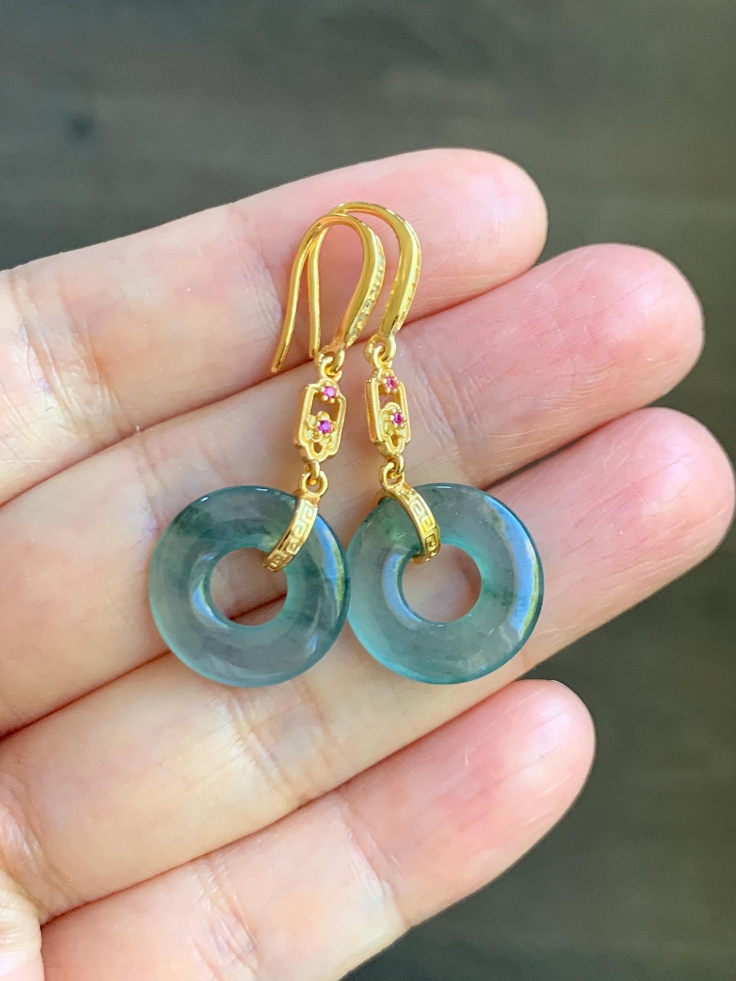 Natural Grade A Guatemalan Icy Translucent Teal Green Marbled Jade Jadeite Ping An Kou Donut Earrings Sterling Silver 天然冰危飘花翡翠平安扣耳钩 WPHG110